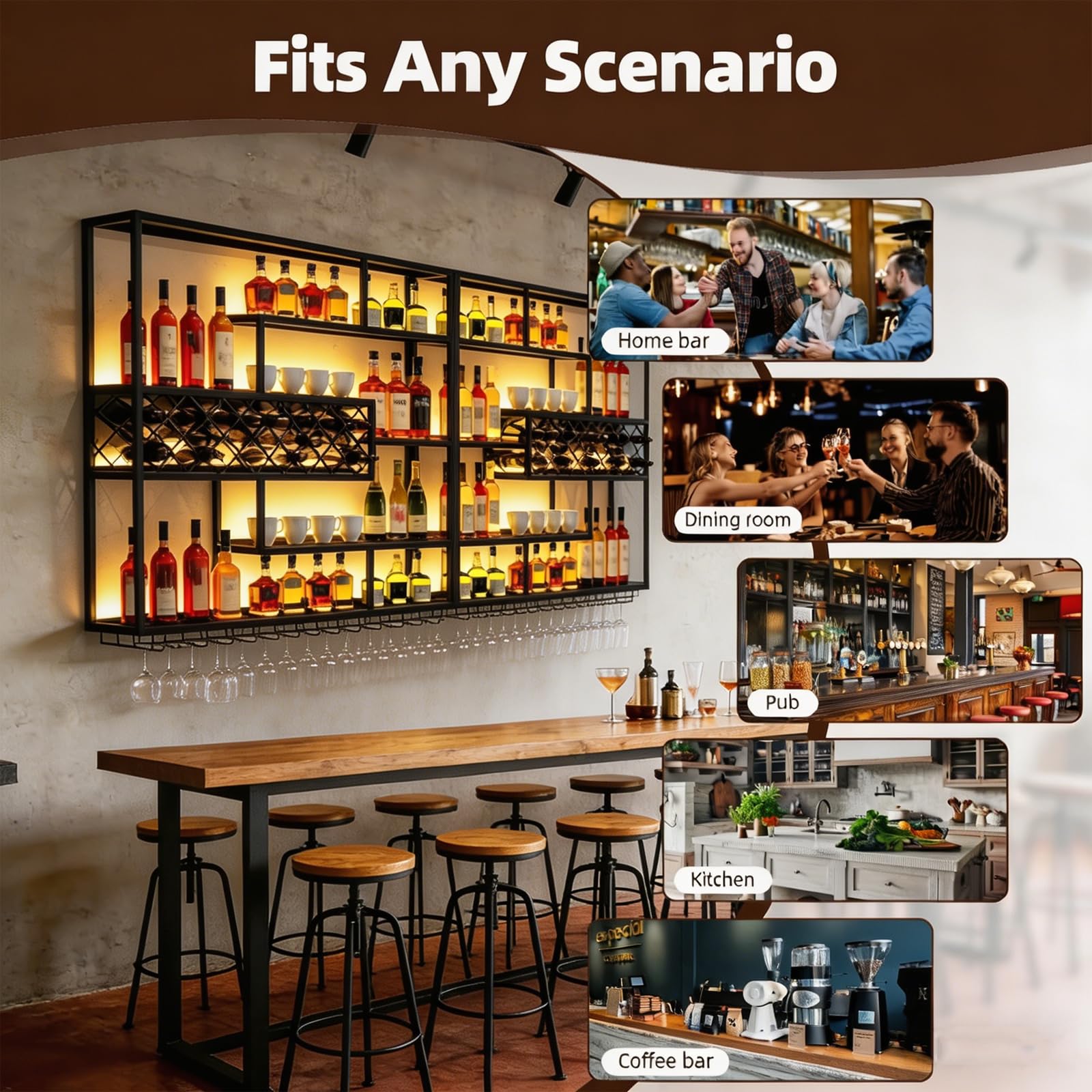 AUSKLEZU Estante de Pared para Vino con Rejilla y Luz LED | Botellero Industrial de Metal | 4Niveles con Soporte para Copas | Decorativo para Bar y Cocina (240CM) — view 7
