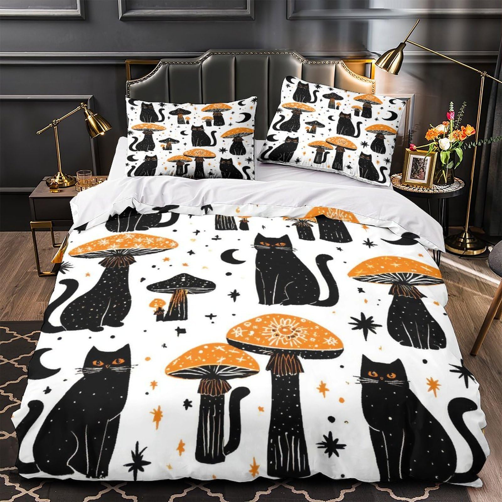 Housse de couette halloween chat et champignon effrayant parure de lit adulte 135x200