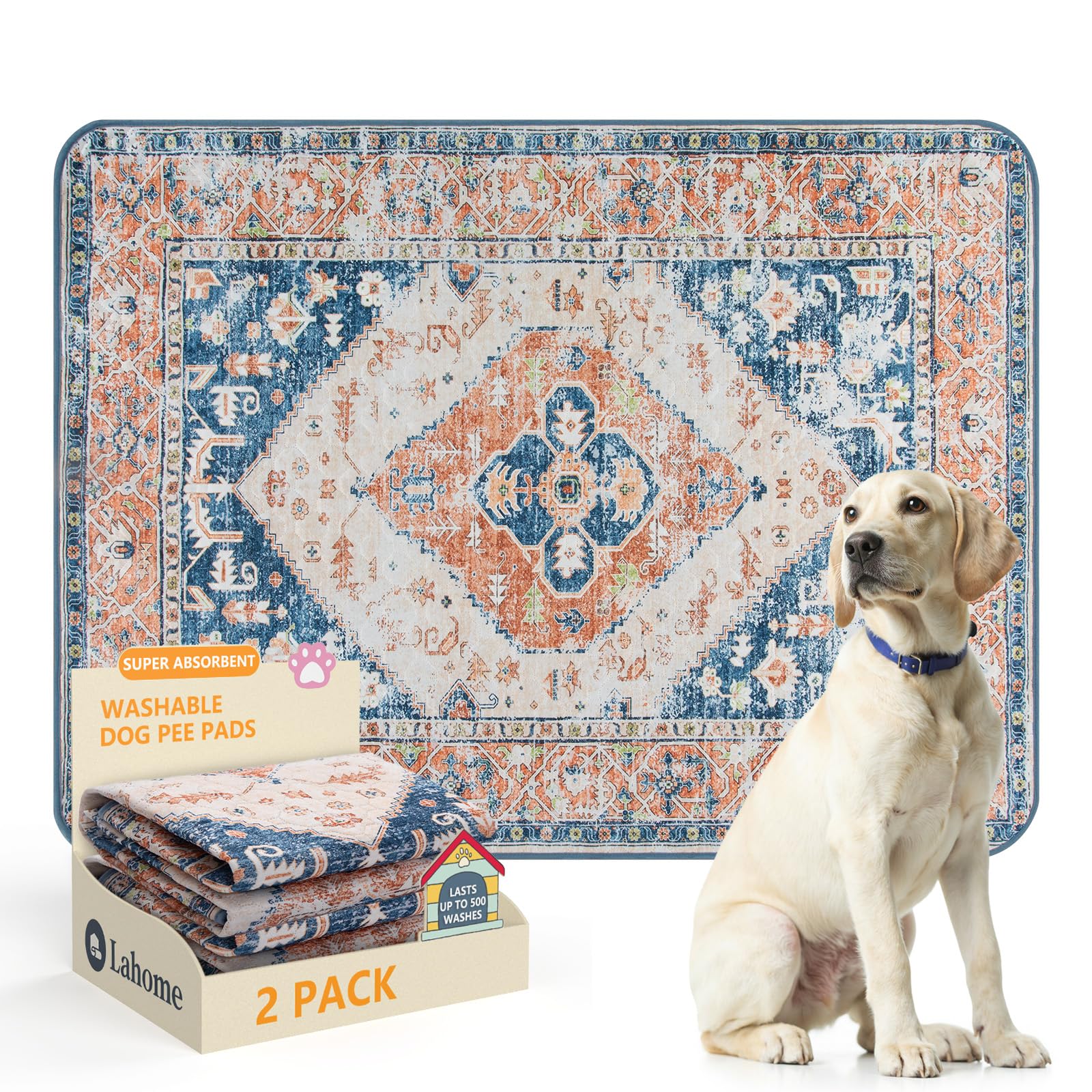 Lahome Reusable Washable Puppy Pads - 2 Pack Super Absorbent &amp; Waterproof Dog Training Mats for Potty, Crate and Floor - Leakproof Pee Pads with Non-Slip Backing (Beige Blue, 36"x48")