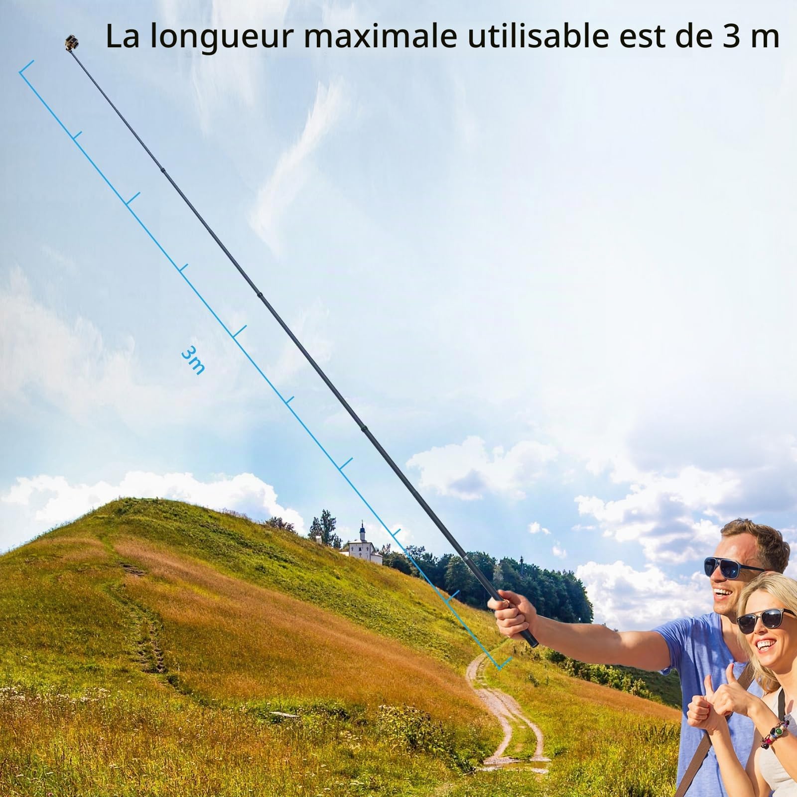 ARTCISE Perche à Selfie en Fibre de Carbone 300cm, SS300 Perche à Selfie Longue en Fibre de Carbone pour Caméra d'action pour GoPro Hero pour GoPro pour DJI Osmo Action pour Caméra
