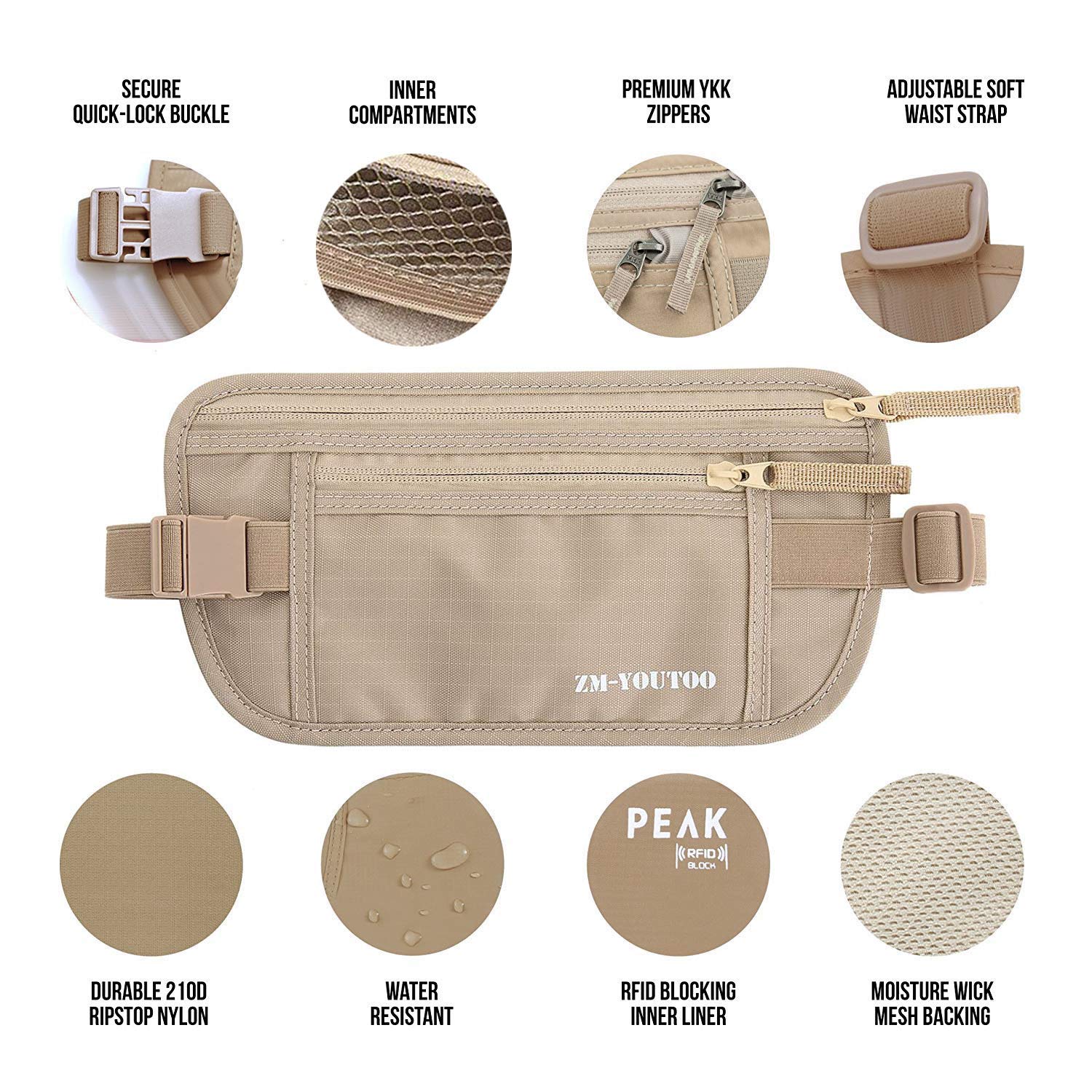 Pas na pieniądze do podróży – ukryta torba podróżna chroni Twoje środki i pieniądze dzięki etui na paszport blokujący RFID, portfel na talię (khaki), Khaki, One Size, Podróżny