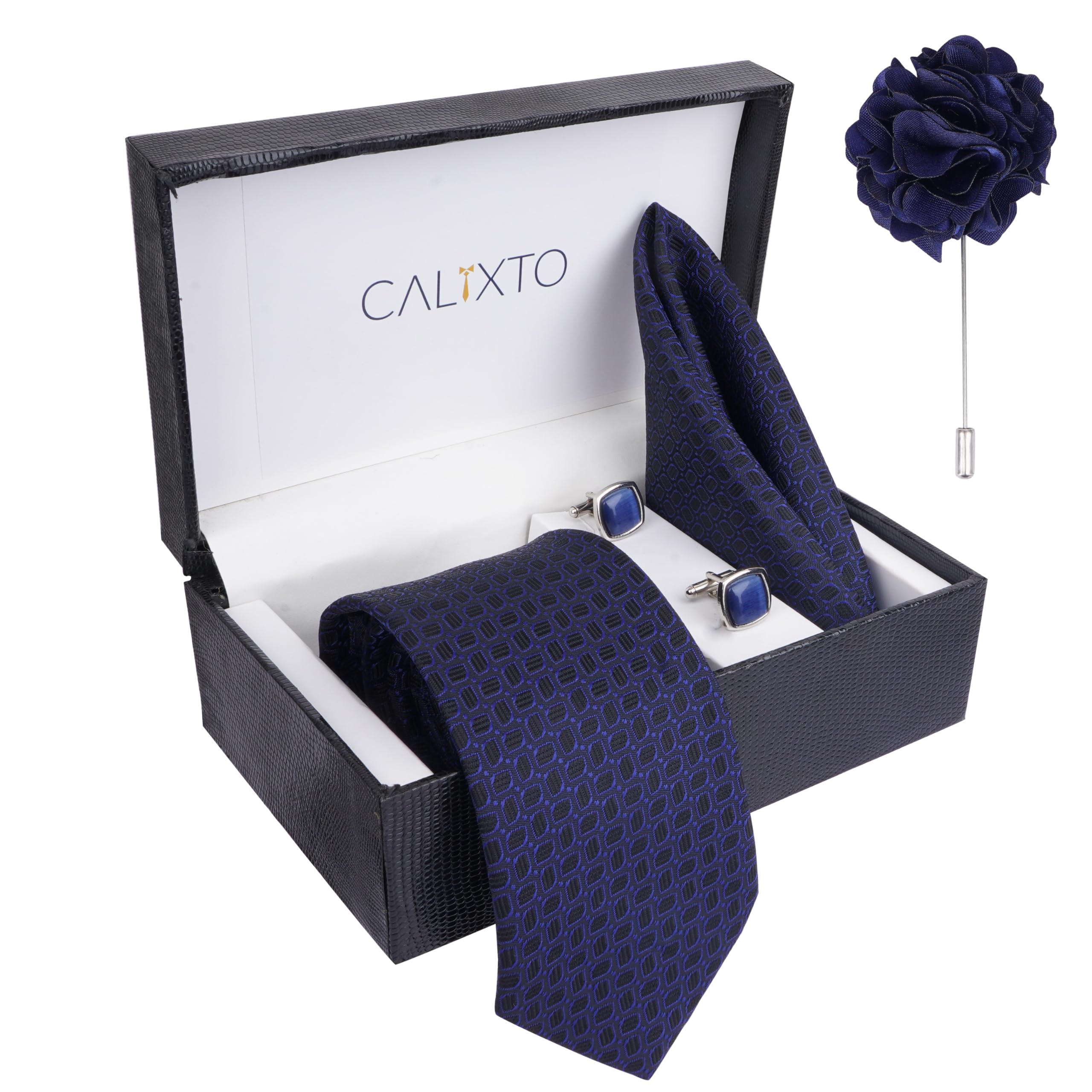 Calixto Blue Check Dotted design micro print fine Necktie Gift Set With Pocket Square, 2 pcs Cufflinks & Lapel Pin Formal Tie With (Leatherite Gift Box) (Pack of 4 pcs) (Black & Navy) - Image 2 thumbnail