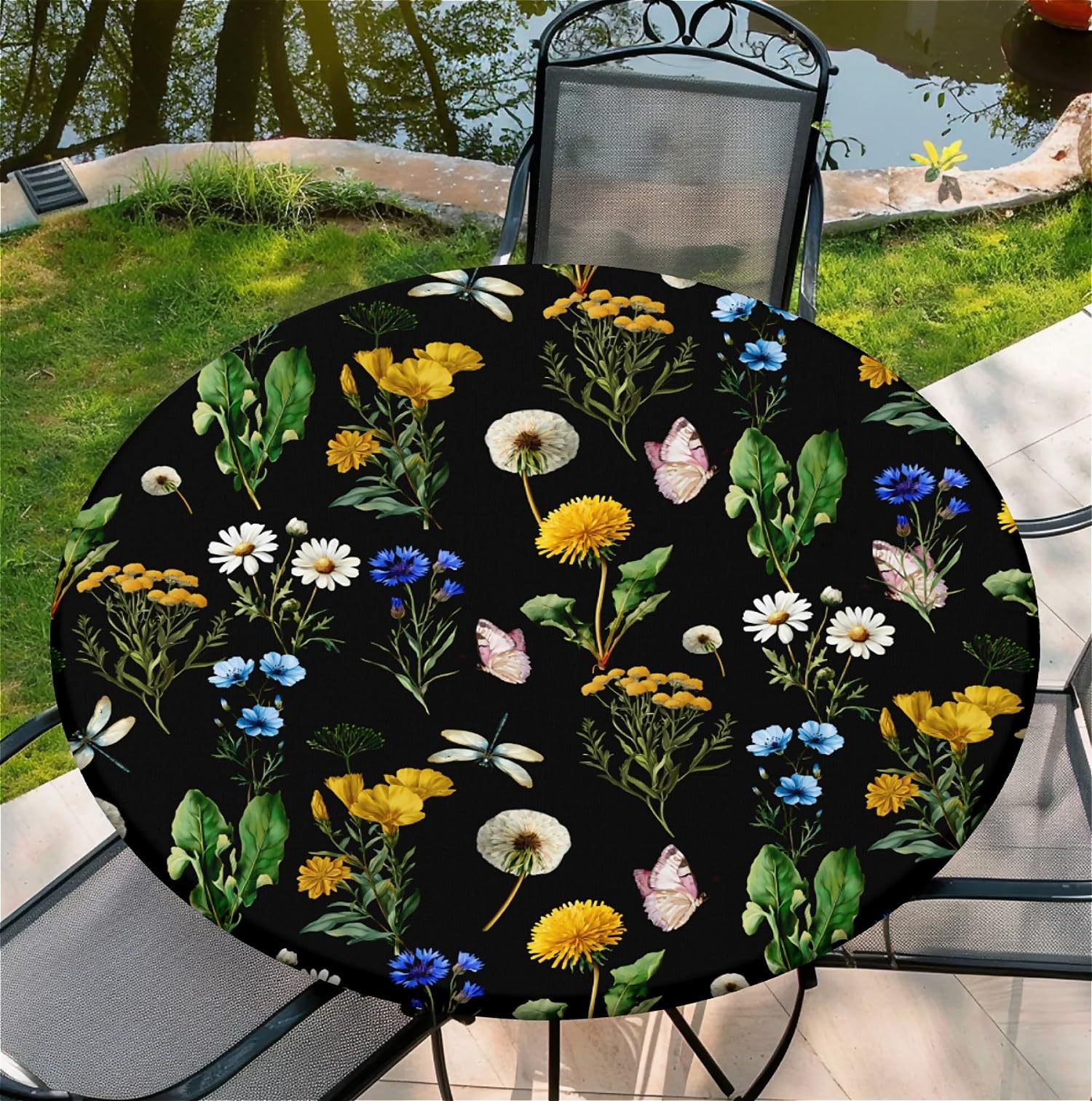 artslion Round Tablecloth Φ120cm/48in Wipe Clean Table Cloths with Elastic, Water-repellent Durable Scratch Resistant Table Cover Protector for Dining room, Balcony, Garden-Midnight Floral Garden