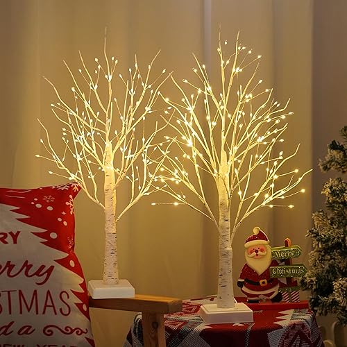 Paquete de 2 lámparas de árbol artificial de 144 LED con temporizador, árbol de abedul de bricolaje con luces LED, lámpara de árbol iluminada
