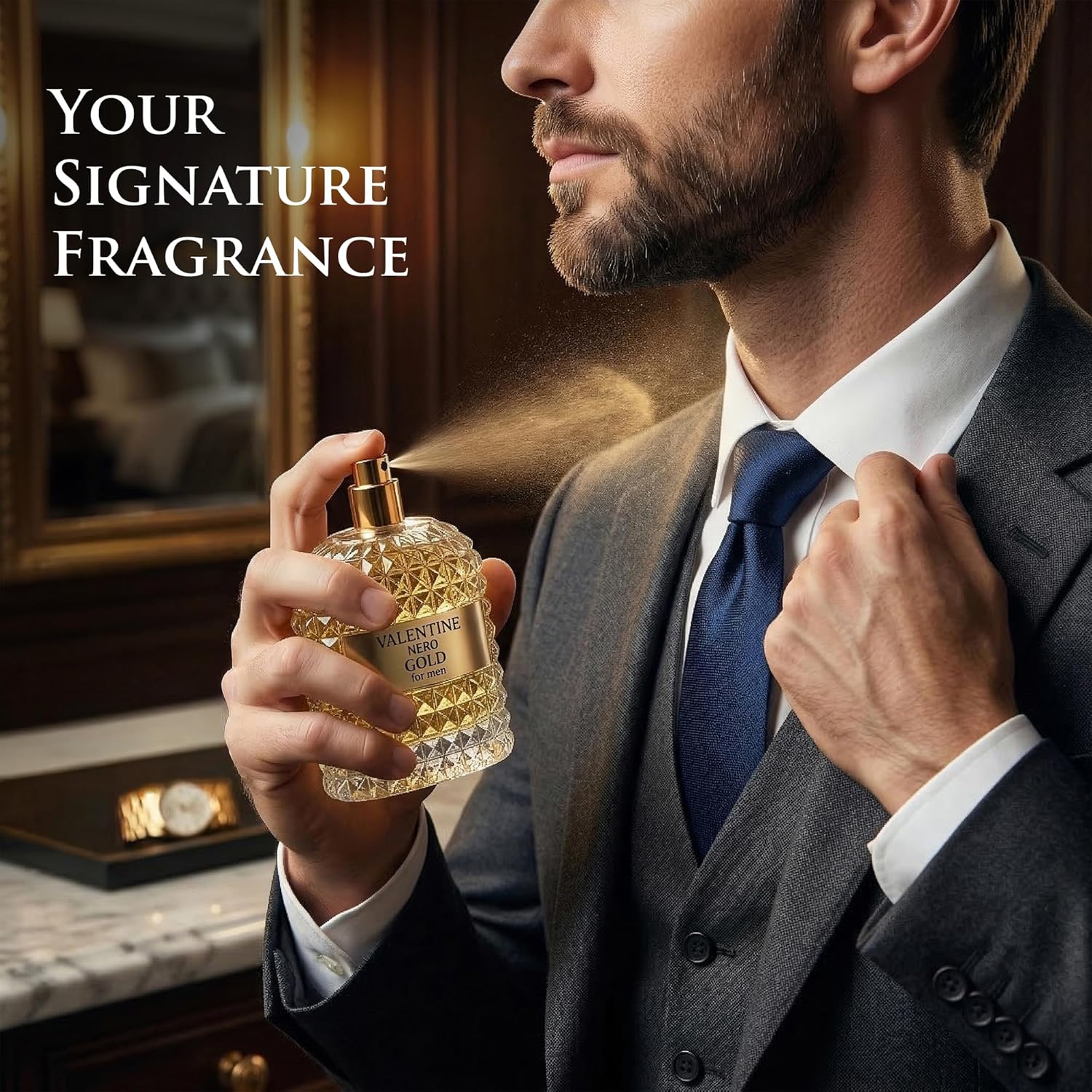 URBAN COLLECTION Valentine Nero Gold Cologne for Men, Warm Spicy Woody Fragrance, Amber Vanilla Perfume de Hombre with Powdery Notes, Long Lasting Masculine Scent, 3.4 oz / 100ml