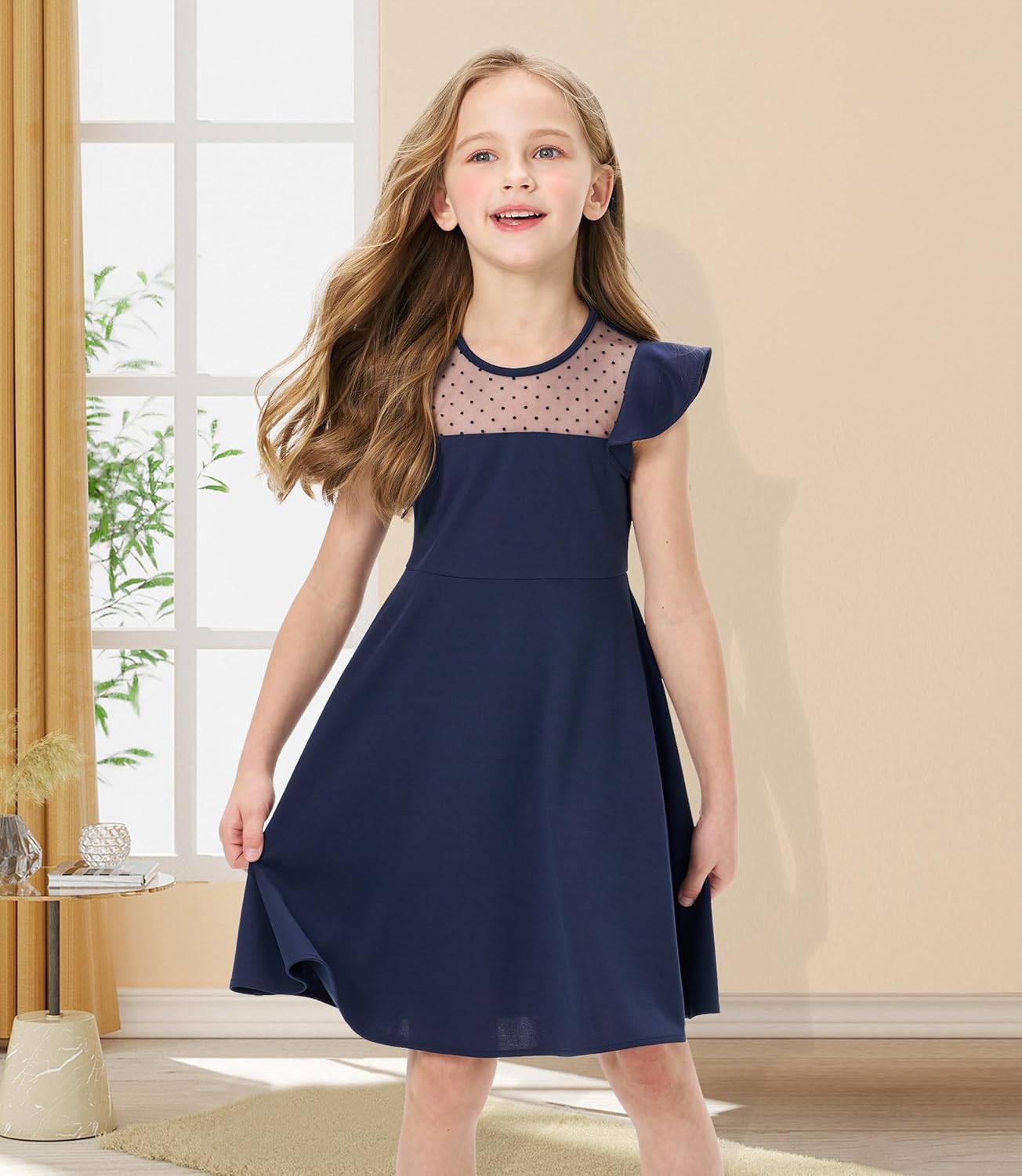 Girls Dress Summer Ruffle Sleeves Crewneck Polka Dot Mesh A Line Casual Party Dresses - Image 3