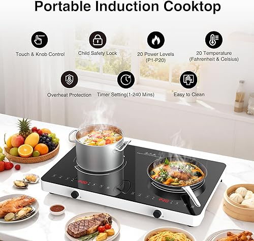 Miniatura 2 de Placa de cocción de doble inducción, quemador de inducción de 2 quemadores, 20 niveles de temperatura y potencia, estufa eléctrica portátil,