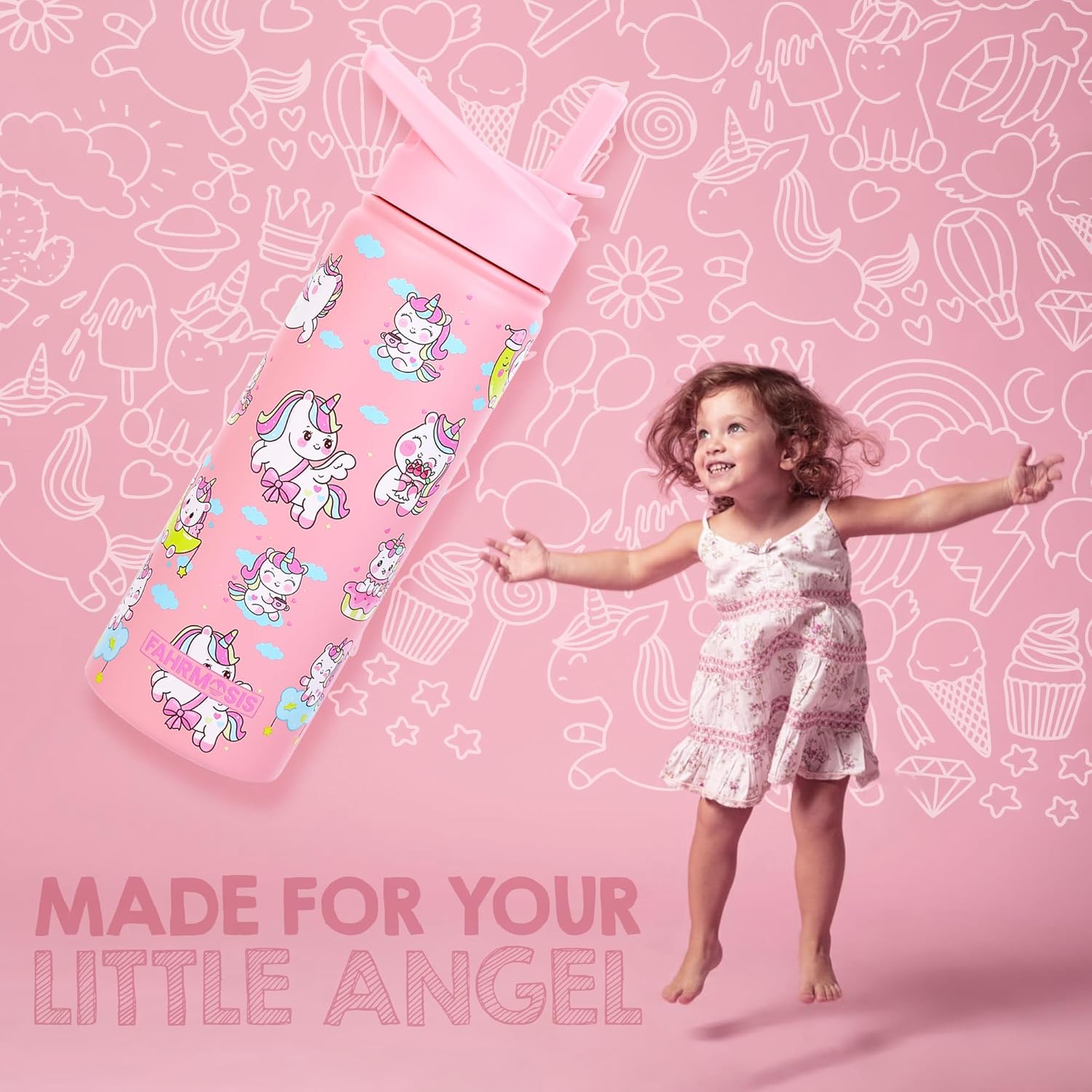 18 OZ Kids Water Bottle with Carrier Bag & Strap Leak Proof Metal Insulated Stainless Steel Tumbler with 2 Lids (Flip & Spout) for School & Sports Water Bottle with Straw - Pink (Unicorn) - Image 6