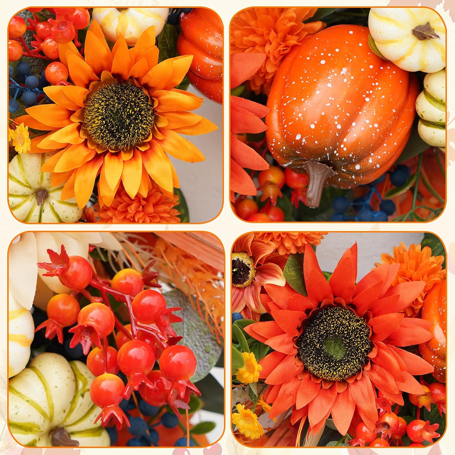 Fall Wreaths for Front Door 24", Fall Door Wreath with 3 Color Sunflowers | Fall Wreath 3 Color Sunflowers Pumpkins & Berries for Abundant Natural Scenery, Fall Decor for Home & Thanksgiving Wreaths