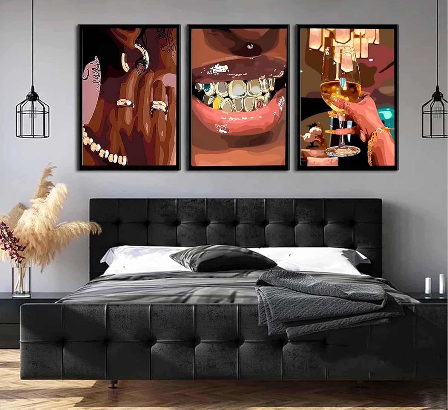 3 Pcs African American Woman Canvas Wall Art Fashion Bracelets Earrings Necklaces Gold Teeth Pictures Wall Decor Wine Trend Bar Cart Poster Print Artwork for Woman Bedroom Girl Room Decor Unframed