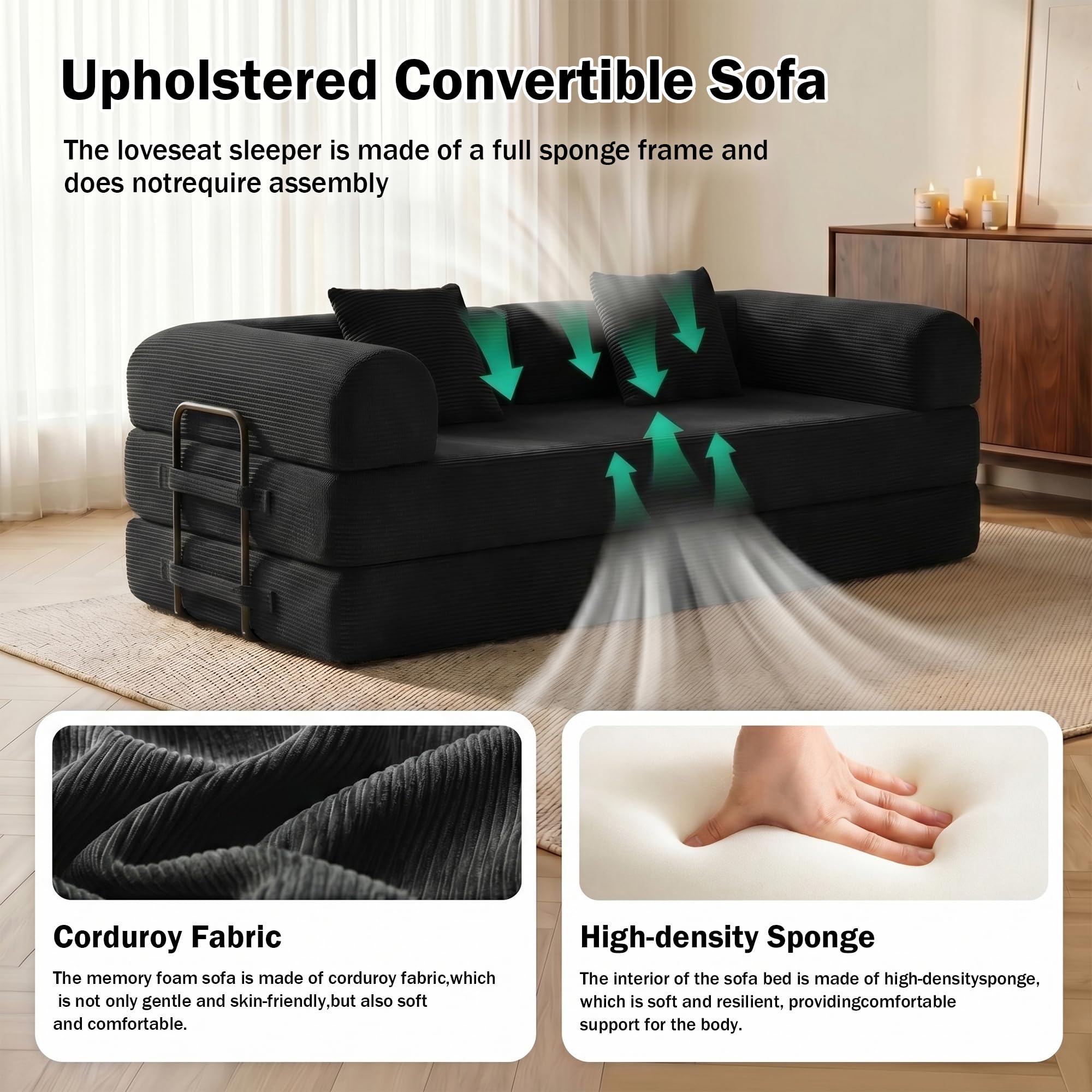 79" Convertible Futon Sofa Bed, Boneless Couch for Living Room, Black | Corduroy Sleeper Sofa, Modular Floor Couch with Pocket Springs and 2 Pillows, Couch Bed No Assembly