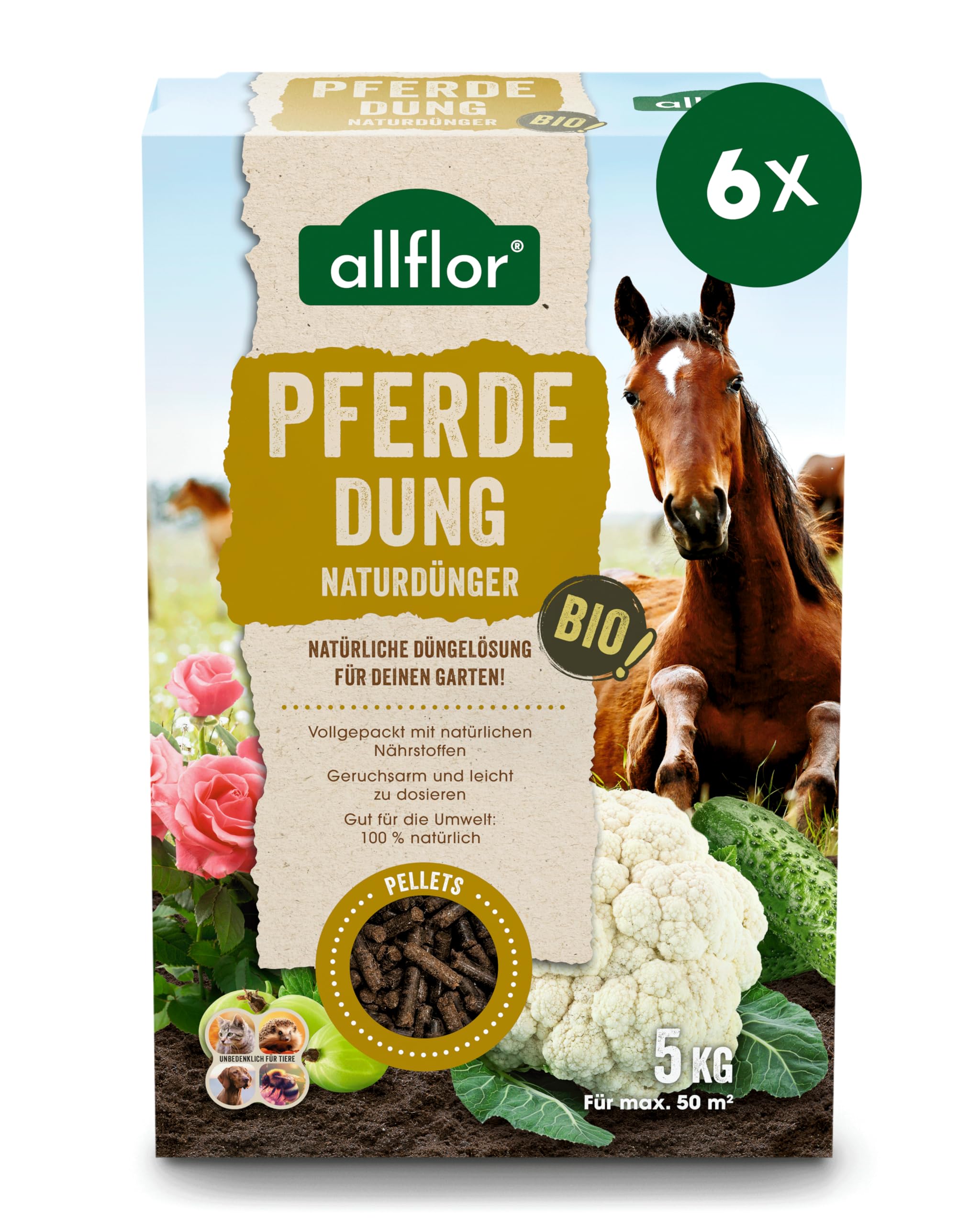 Allflor Pferdedung gekörnt 6 x 5 Kg in Faltschachtel - Pferdemist als Dünger - rein biologisch-organischer Universaldünger - Pferdedünger - Für alle Garten-, Obst- & Gemüsepflanzen