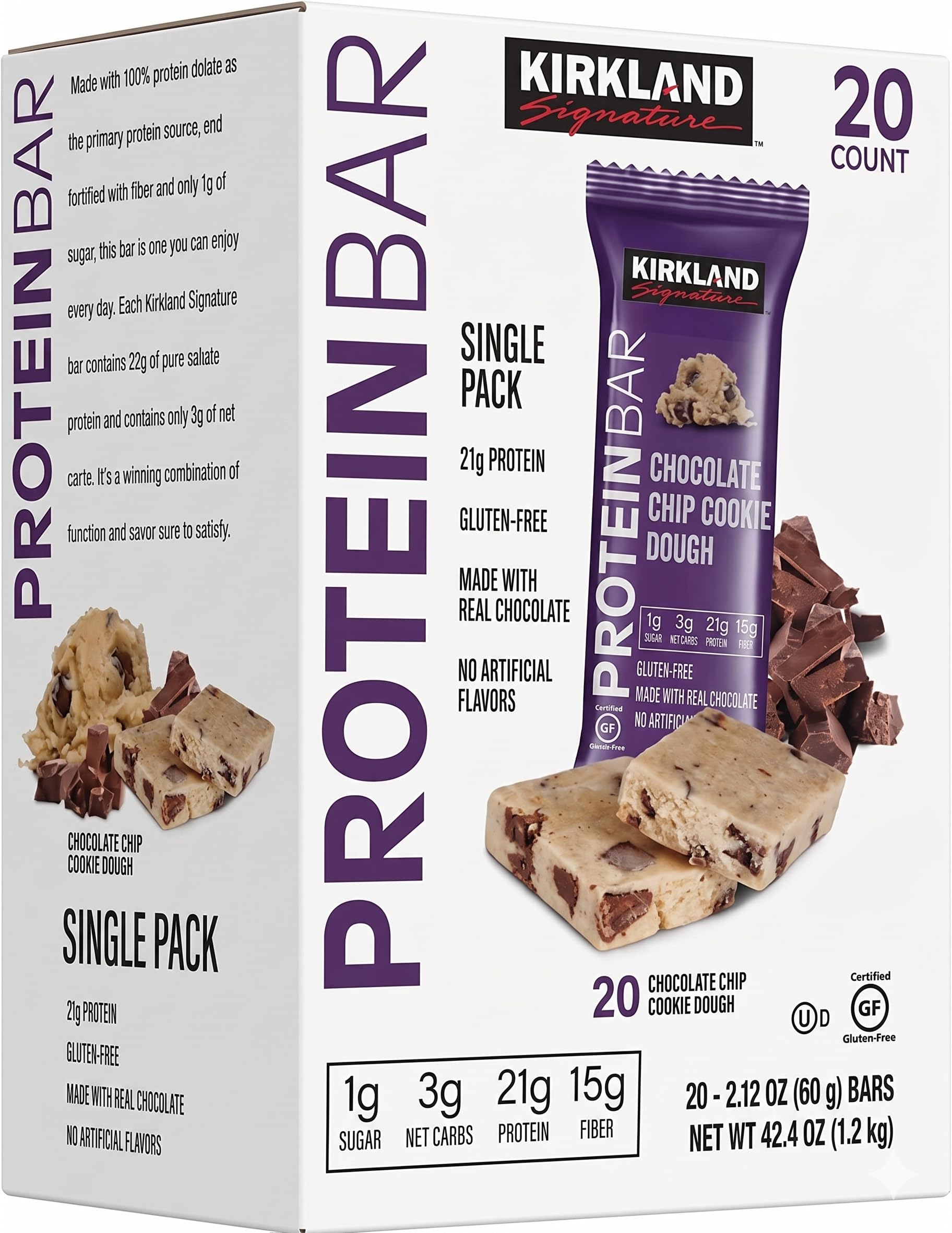 Kirkland Signature Protein Bars Chocolate Chip Cookie Dough, 20-count 2.12OZ Chocolate Chip,Chocolate Chip Cookie Dough 20 Count (Pack of 1)