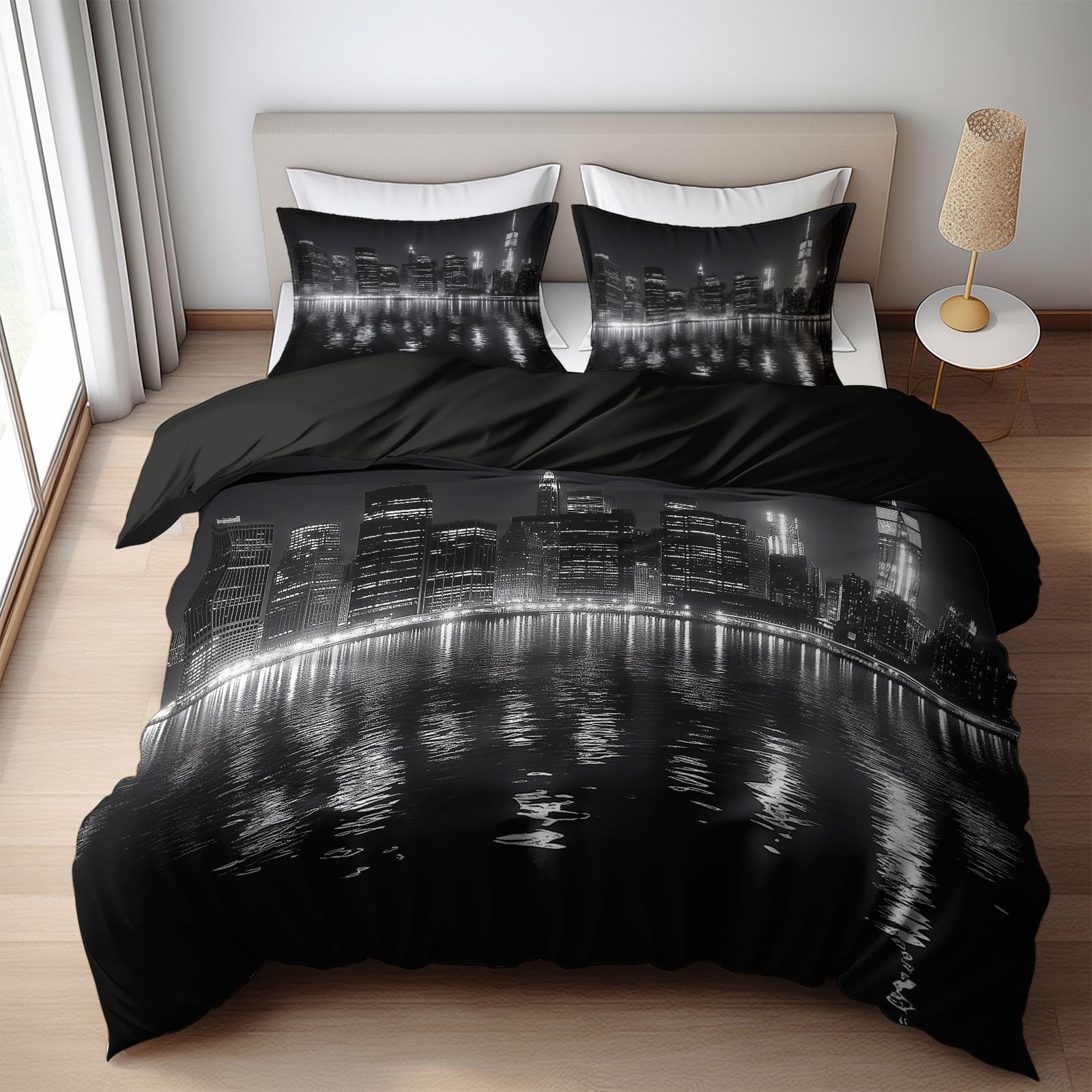 WHUOEUCO Bedding Set 150 x 220 cm Night Scene White Black New York City Duvet Cover 90 cm Reversible Microfibre Duvet Cover 3 Pieces for Children Youth and Adult, with Zip