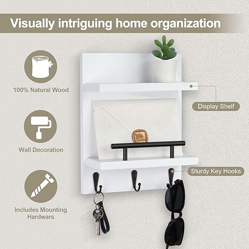 Miniatura 3 de Soporte de pared para llaves, decoración de estante de correo con 3 ganchos para llaves, organizador de pared de madera versátil para entrada y
