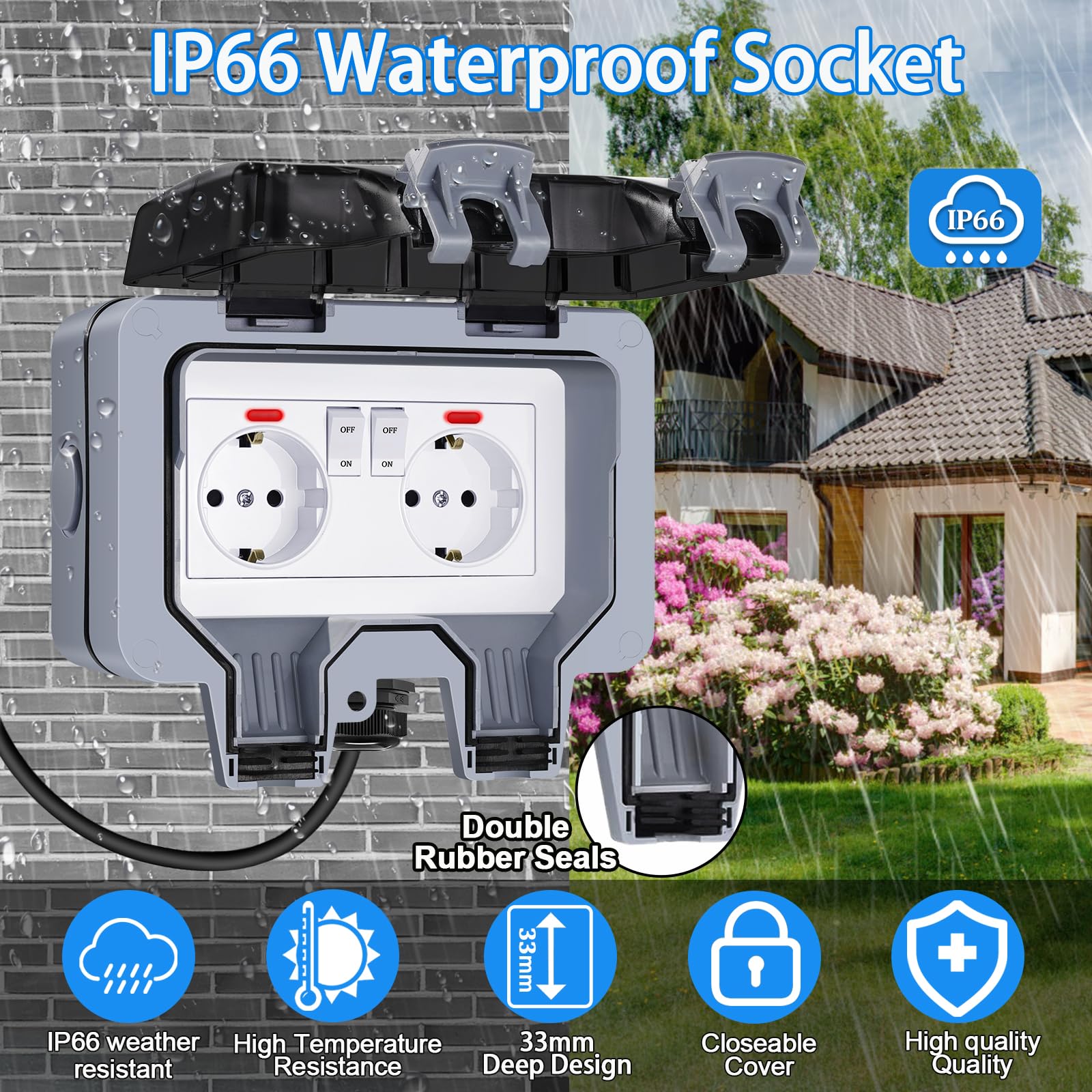 Enchufe Estanco Exterior Impermeable, Toma de Corriente IP66, Doble Pared Enchufes con Interruptor, Conector de Cable y Tapa Abatible, para Cocina Baño Garaje Piscina y Jardín