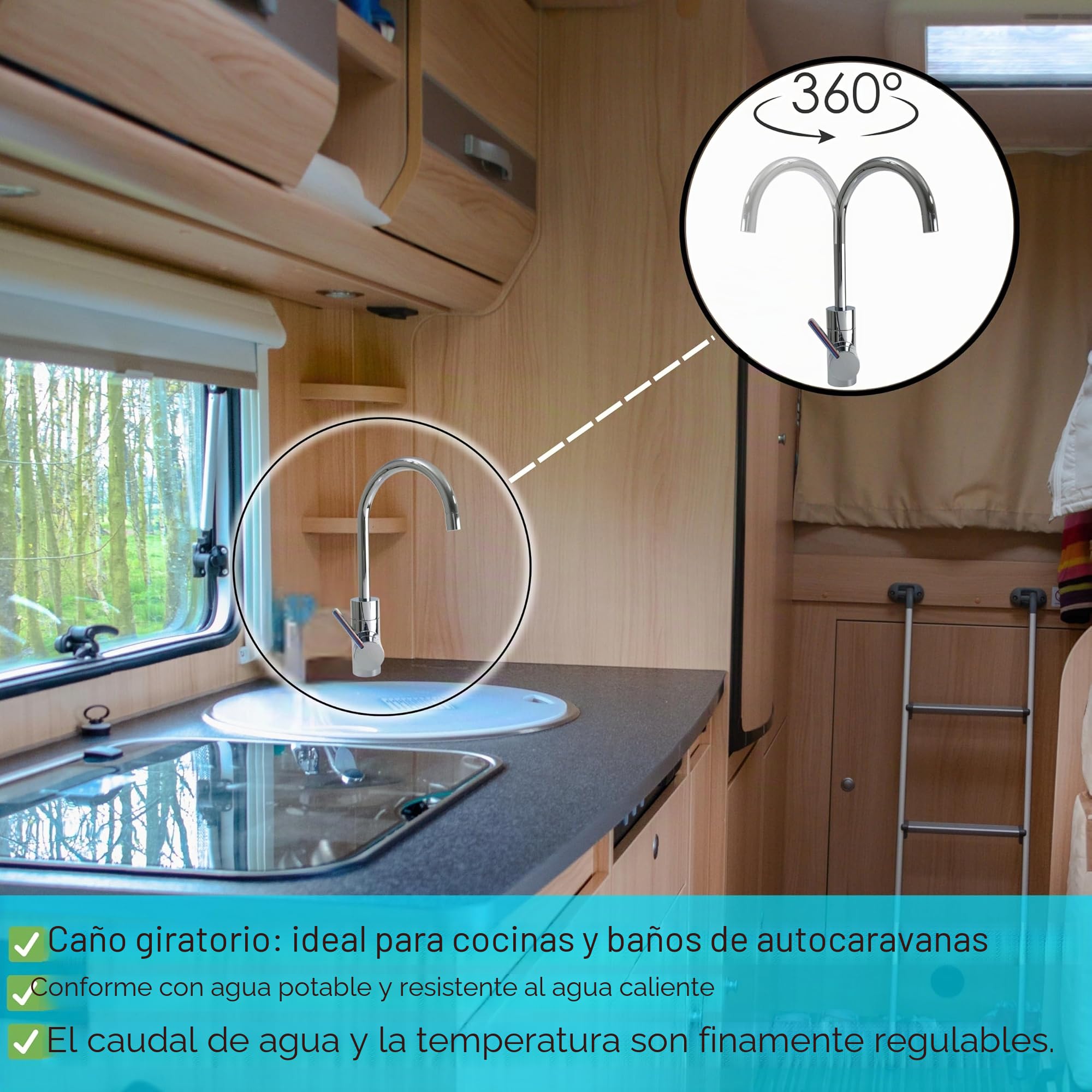 Comet Lucca - Grifo monomando para caravana (12 V, cromo, con microinterruptor, giratorio 360°, para autocaravanas y barcos)