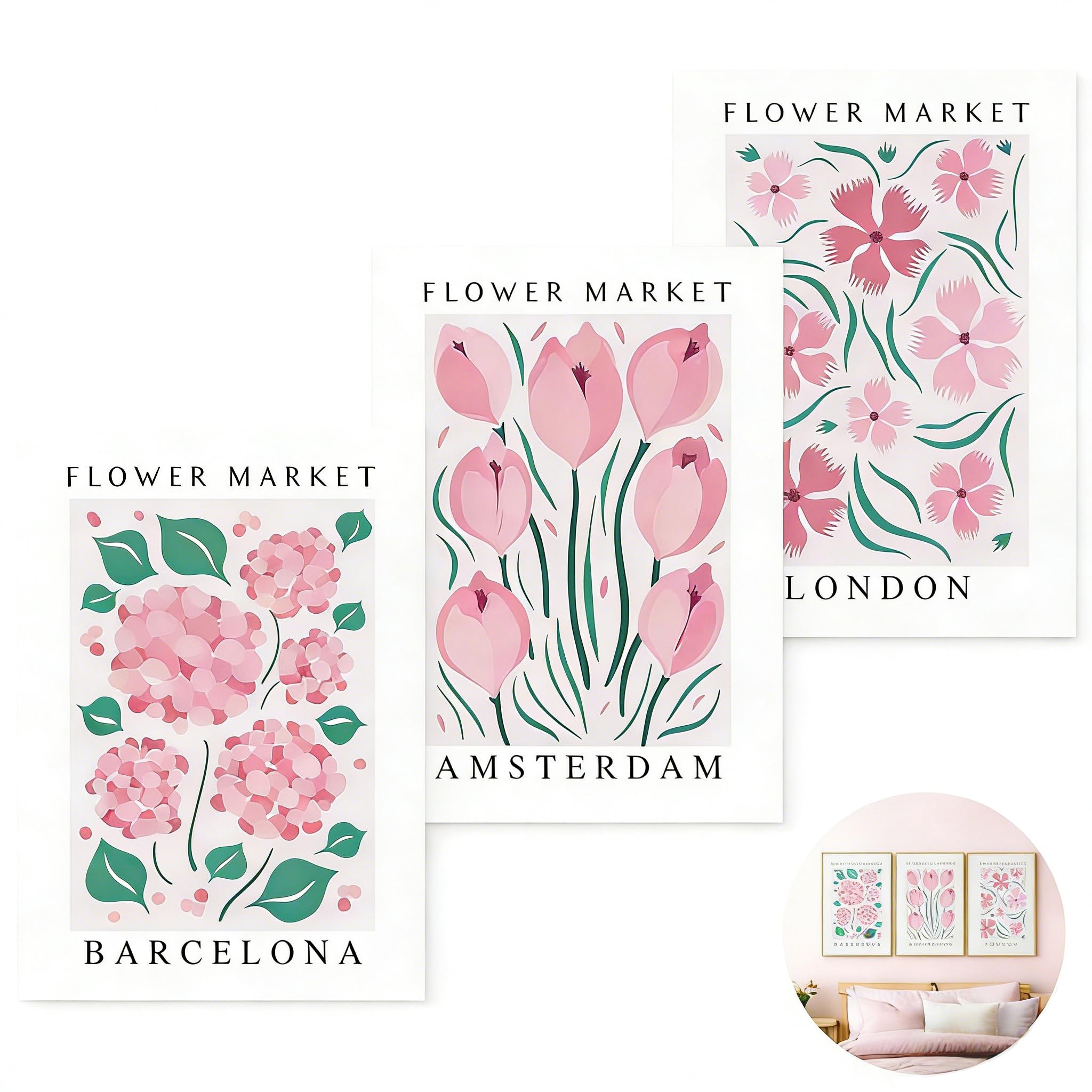 3Pcs Pink Floral Posters for Bedroom, 12x16in Watercolour Canvas Preppy Room Decor, Cute Frameles Wall Art, Teenage Girl Bedroom Decor Wall Collages, Pink Aesthetic Floral Prints (No Frame Included)