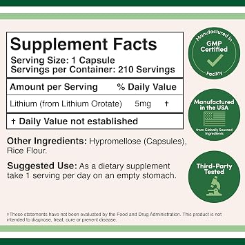 Lithium Orotate 5mg of Elemental Lithium for Cognition and Brain Health, 210 Capsules (Third Party Tested, Vegan Safe, Non-GMO) by Double Wood Supplements