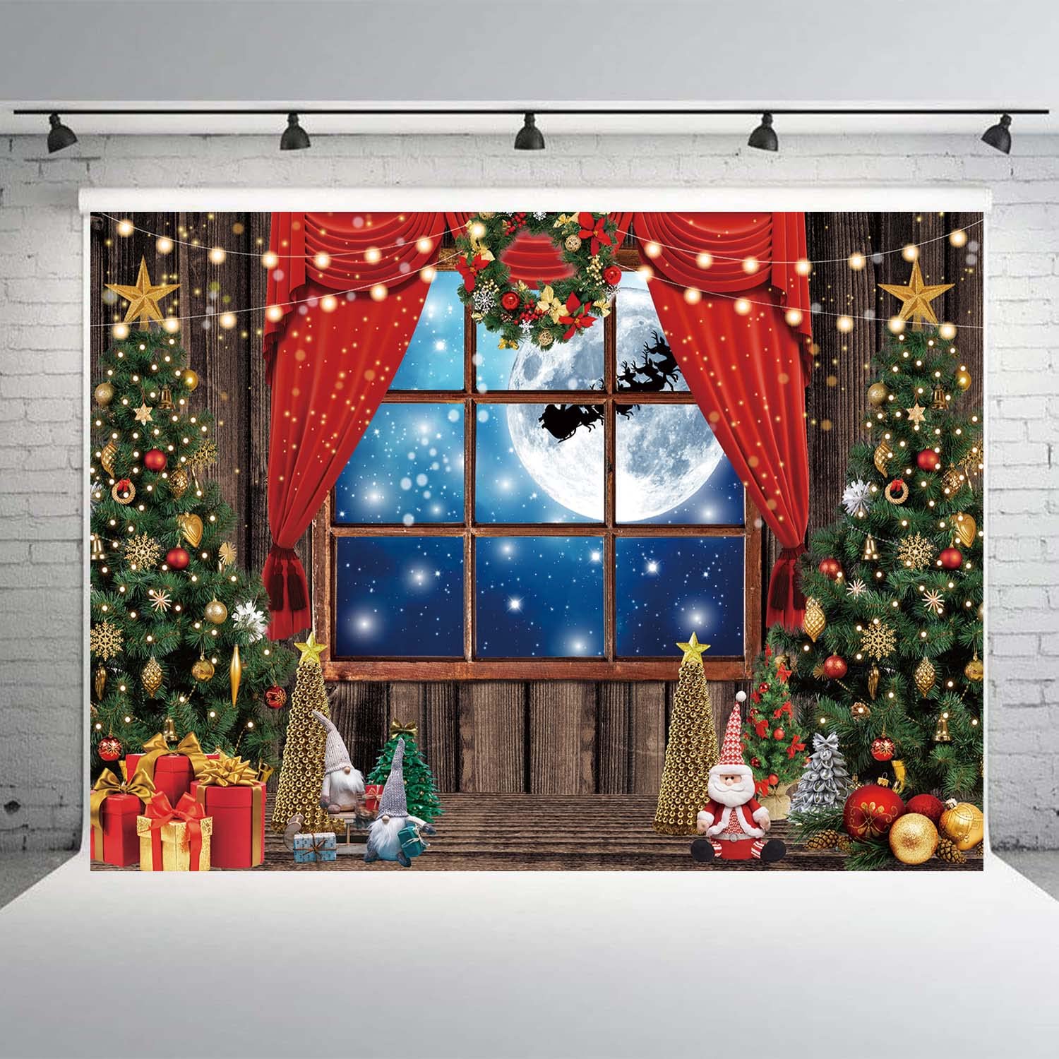 Toile de fond pour photographie de fenêtre de Noël, arbre de Noël, cadeau, style rustique, fenêtre en bois, nuit au clair de lune, décoration pour bébé, enfants, famille, fête, bannière, 2,4