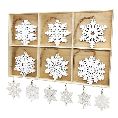 GSD 30pcs Wooden Snowflakes Ornaments Rustic Hanging Wood Snowflake Crafts