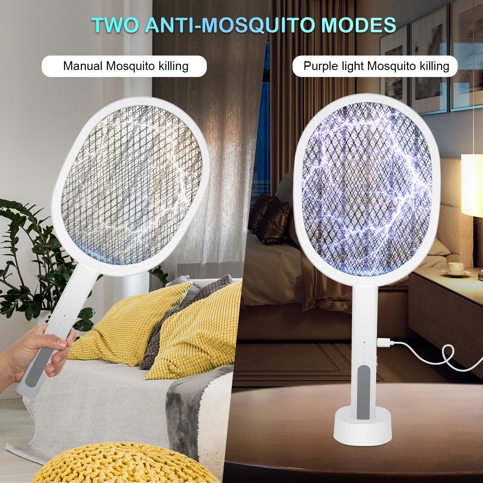 Raquette Anti Moustique Électrique 3000V, Lot de 2 | USB Rechargeable, Lampe LED, Pour Intérieur et Jardin