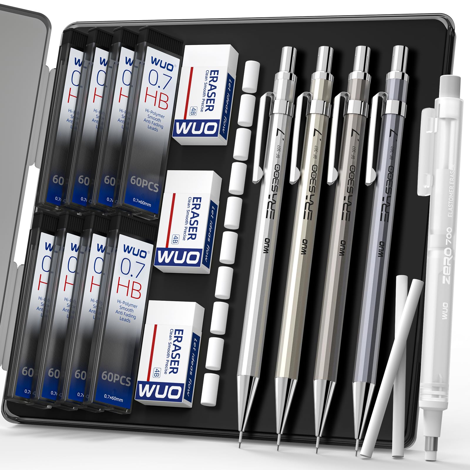 WUO 0.7mm Metal Mechanical Pencil Set, 4-Pack with Eraser Pen and Case | 480 HB Lead Refills, 3 Erasers + 10 Eraser Refills, Medium Point, for Writing, Drawing, Drafting, Sketching Multicolor 2 - 0.7mm (4 Pack)