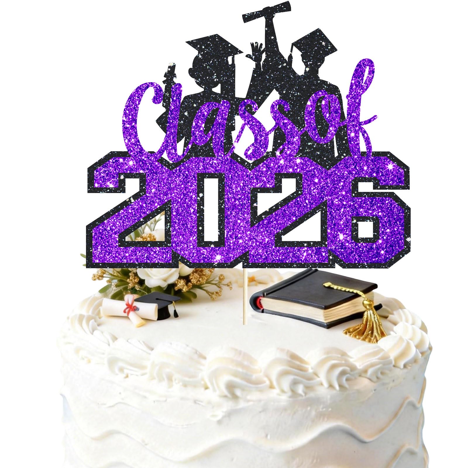 Class of 2026 Cake Topper, Purple Glitter Congrats Grad Cake Topper, Diploma Graduation Cap Cake Topper, 2026 Graduation Theme Senior High School