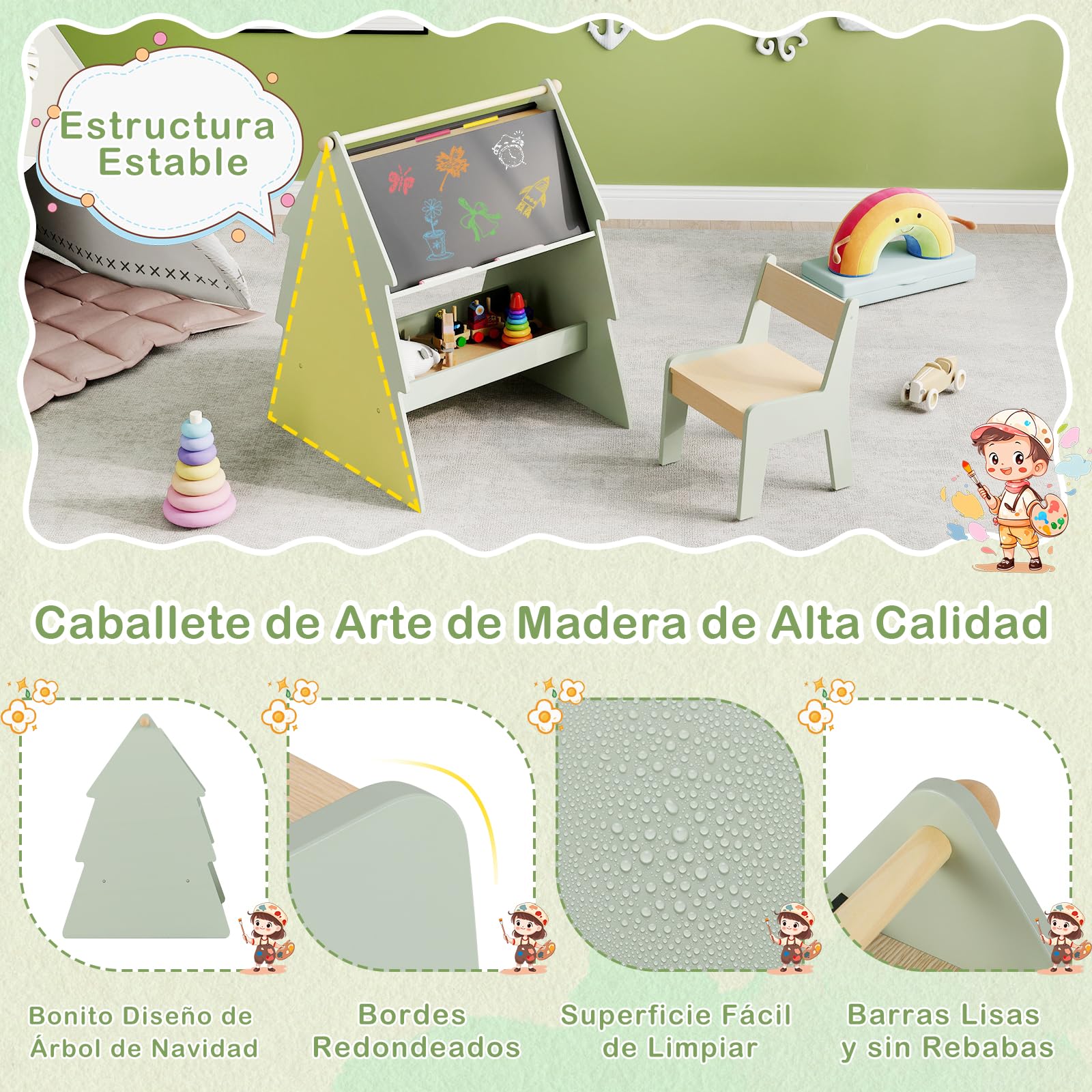 GOPLUS Juego de Caballete y Silla para Niños, Caballete con Pizarra Doble Cara, Mesa y Silla de Dibujo para Niños, con Bobina y Estante para Materiales, Caballete con Forma de Árbol para Pintar