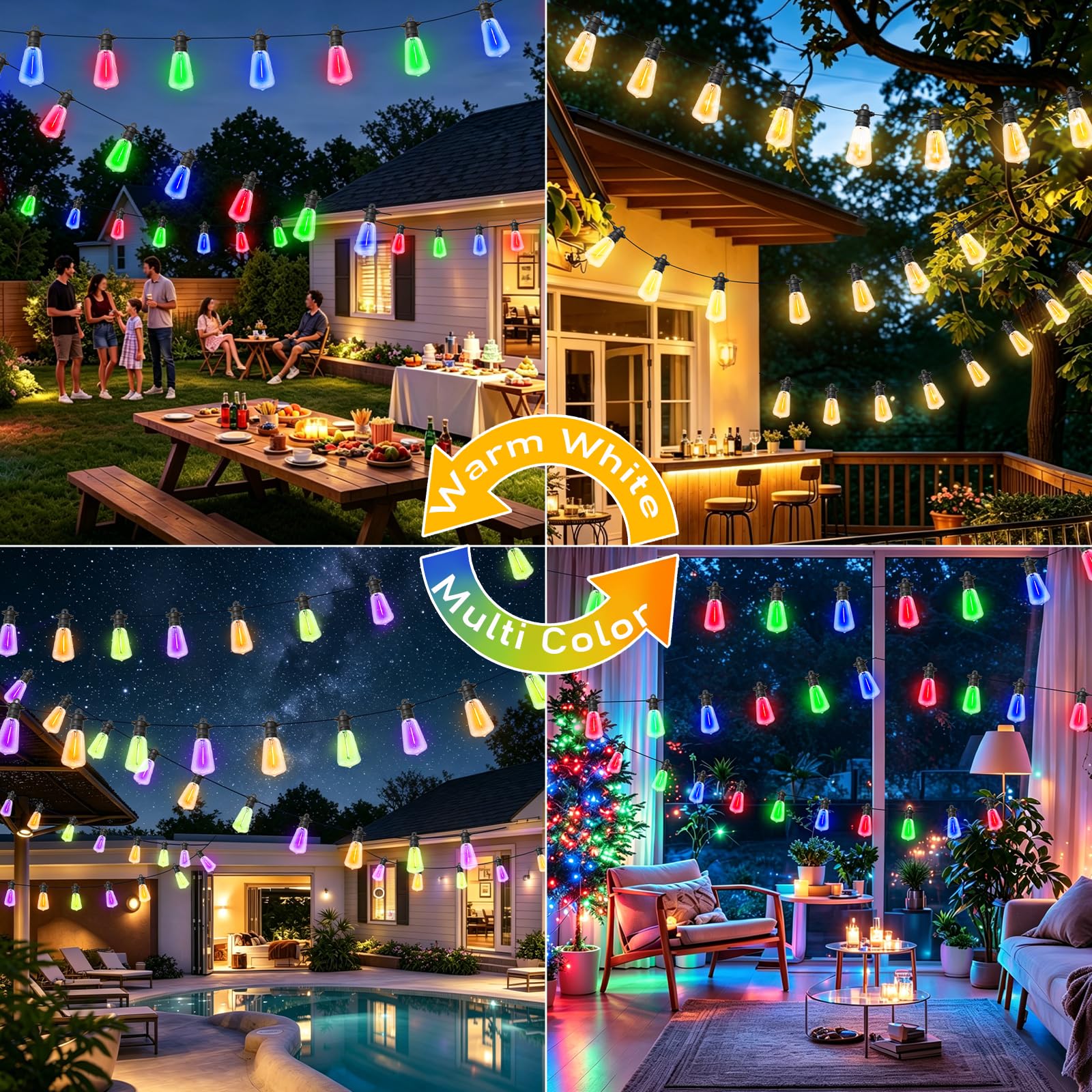Guirlande lumineuse LED d'extérieur - 15 m - 24 ampoules blanc chaud et multicolore - ST38 - 8 modes - 4 intensité variable - Minuterie - IP68 - Pour balcon, jardin, terrasse, fête, bistro