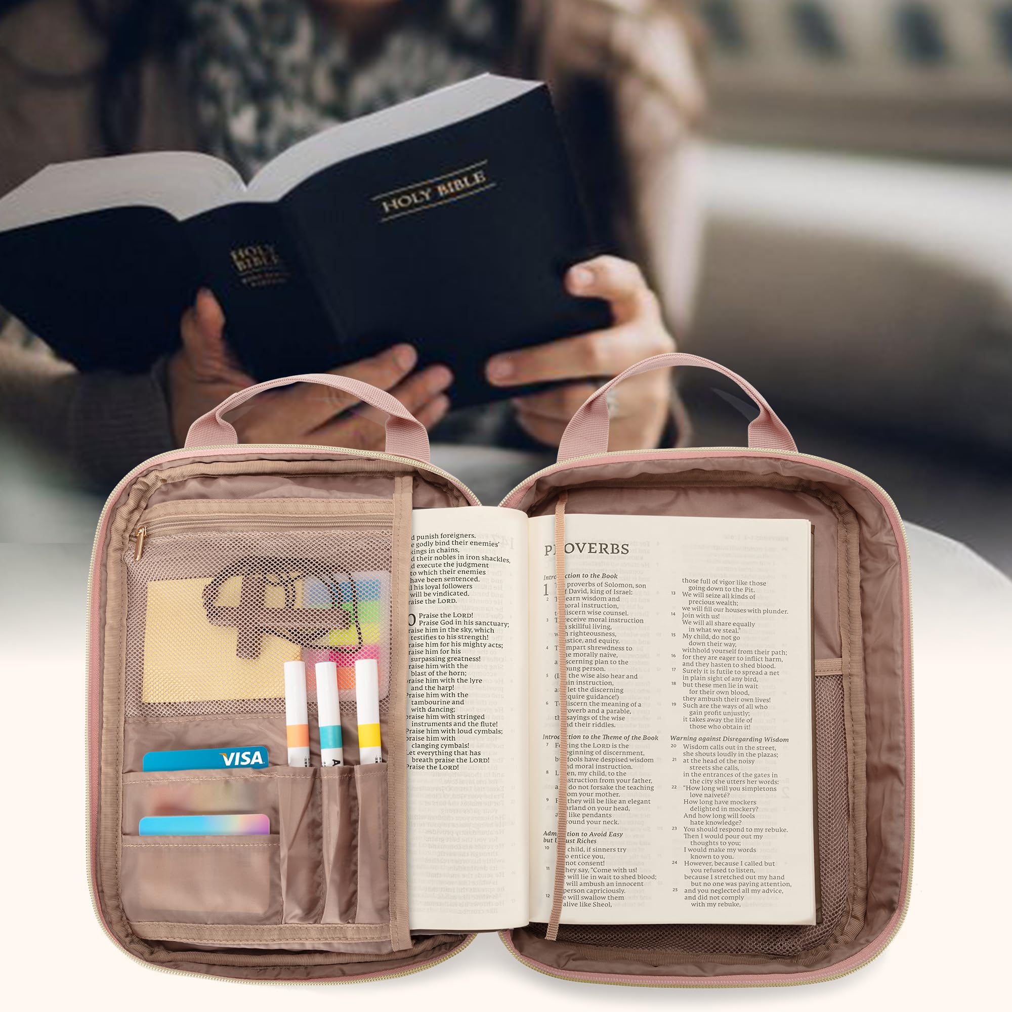 Teamoy Borsa per Bibbia con Tracolla, Custodia per Studio e Chiesa, Protettiva con Manico, Rosa
