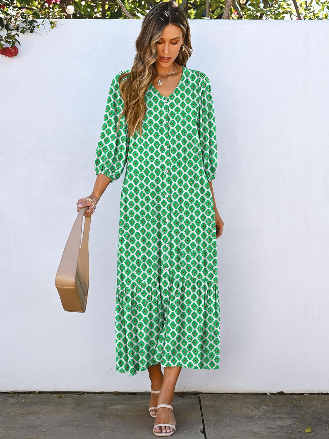 ANRABESS Boho Maxi Dresses for Women Summer Puff Sleeve V Neck Flowy Long Casual Dress with Pockets 2026 Vacation Clothes - Image 6