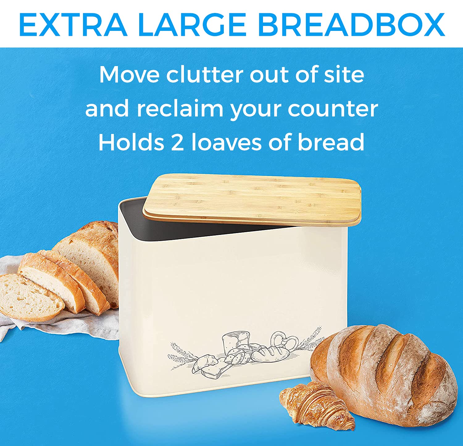 Extra Large Space Saving Vertical Cream Bread Bin with Eco Bamboo