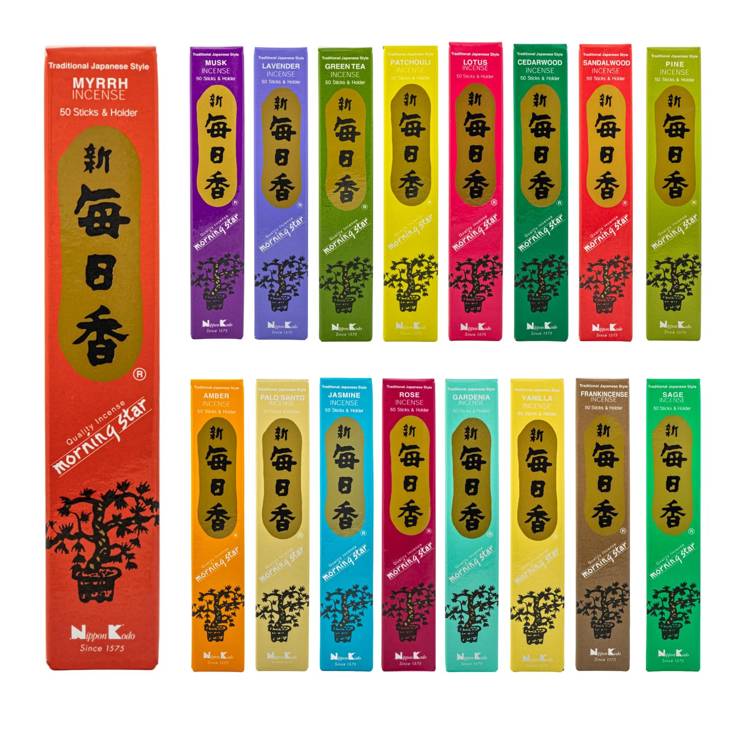 Morning Star Räucherstäbchen Set | Alle Düfte 17 x 50 Sticks | Japanische Räucherstäbchen Nippon Kodo ohne Holzkern für intensiven Duft, 850 Sticks mit Halterung