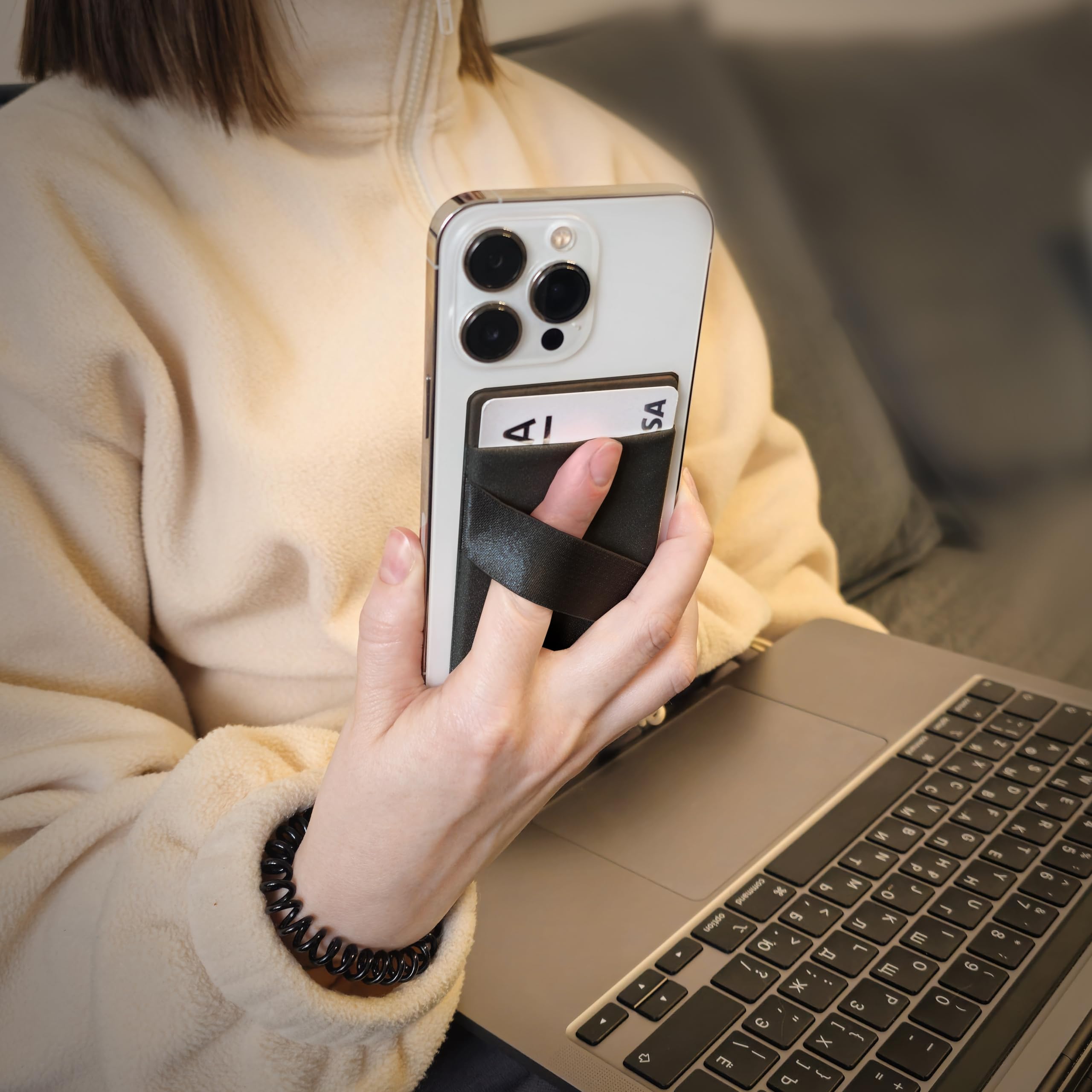 MyGadget Portafoglio per Smartphone X 1 Tasca & Finger Holder - Protezione RFID e NFC – Porta Carte di Credito Cuffie o Soldi - Wallet per Cellulare da incollare - Nero