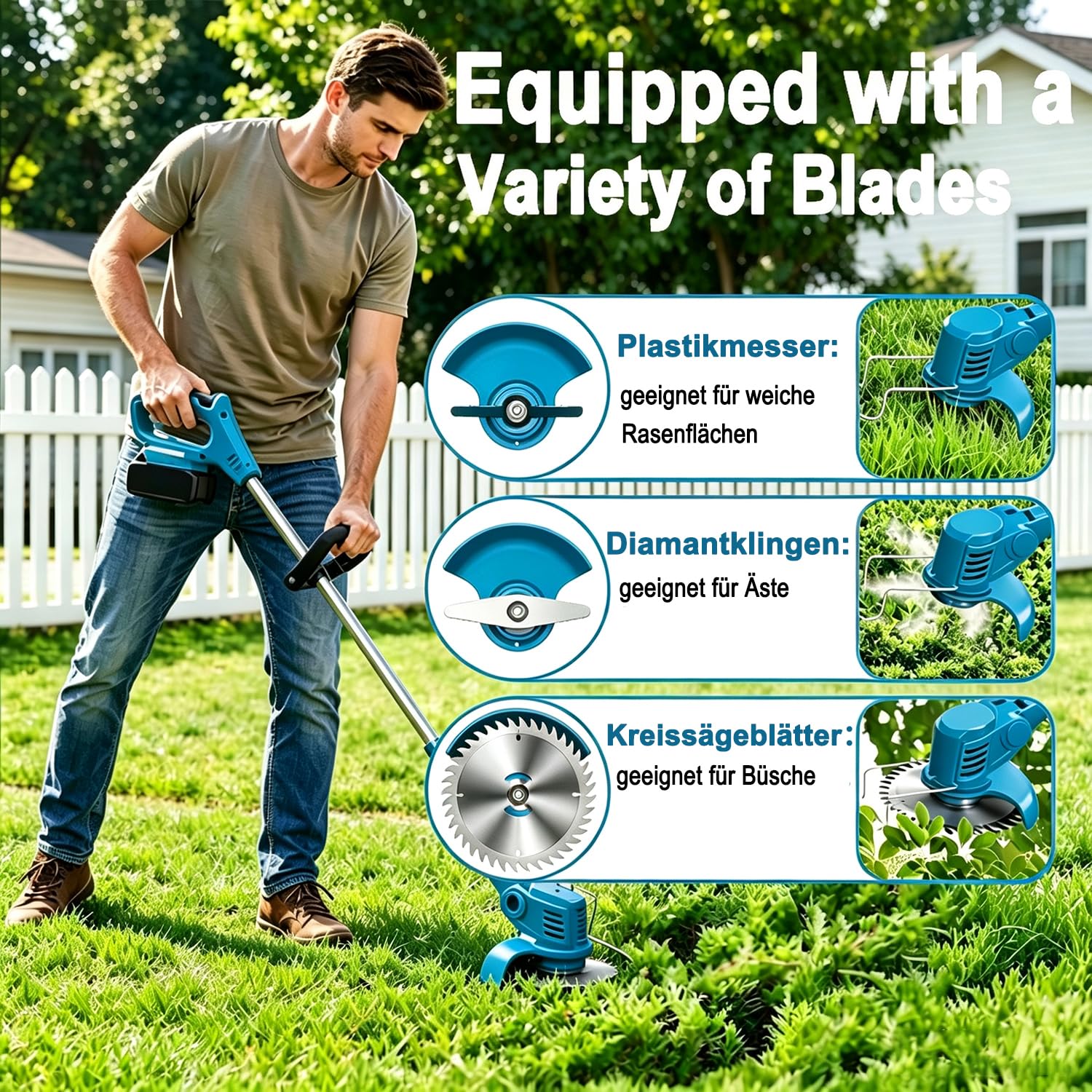 Rasentrimmer mit Akku,Akku-Rasentrimmer für Makita-Akkus mit 4 Klingentypen | 4-in-1 Elektrischer Freischneider 2 x 2,0 Ah Batterien und Ladegerät,Akku Motorsense Rasenkantenschneider für Garden Trimmen