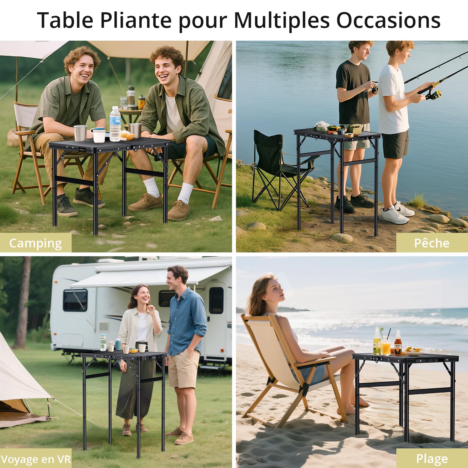 Anbte Table de Camping Pliante 60x40x27/51/74 cm en Aluminium, Noir | Table Pique-Nique avec Filet de Rangement, Légère et Portable avec Plateau en MDF pour Extérieur/Intérieur, Plage, Camping