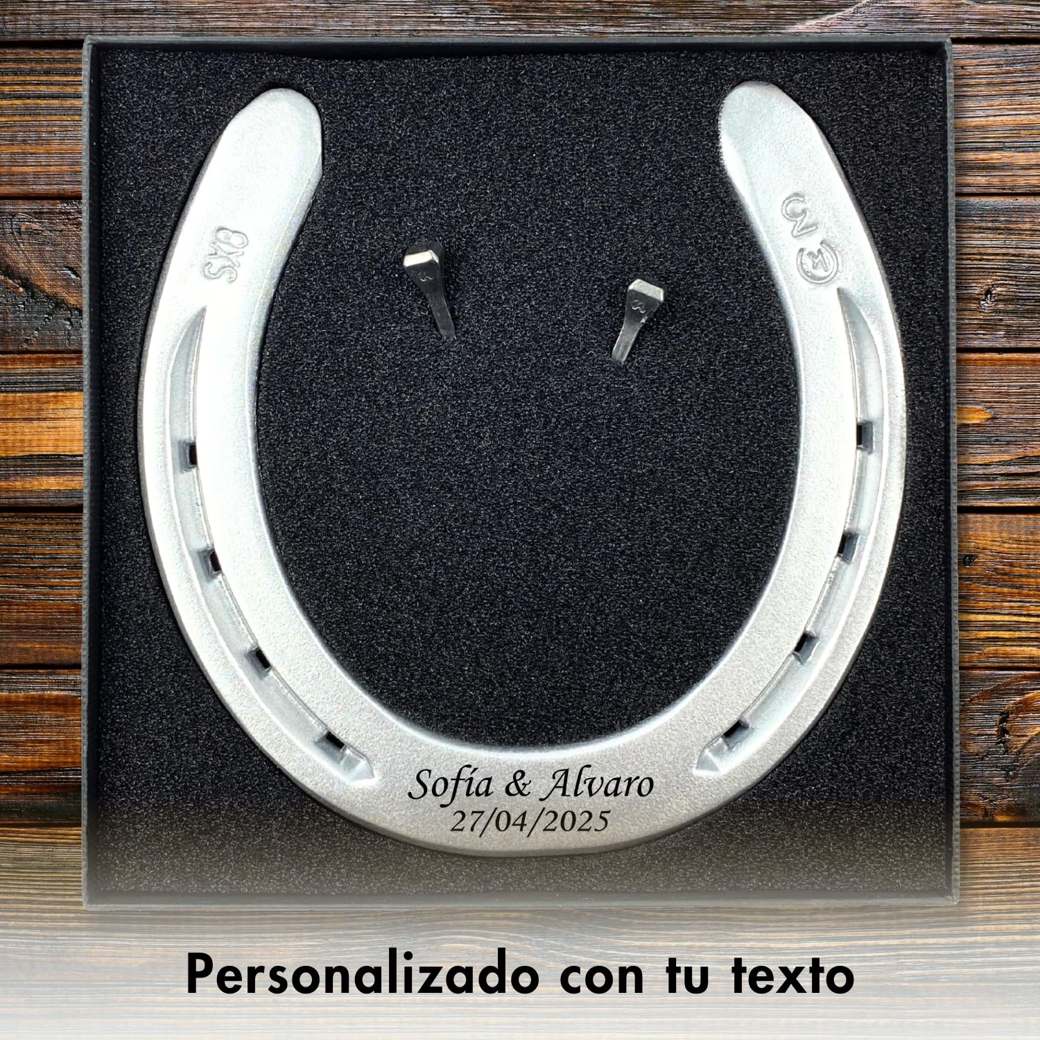 Dttra Herradura con grabado personalizado de hierro pesado, herradura original de caballo, lacada en plata, herradura de la suerte personalizada para boda o regalo de inauguración