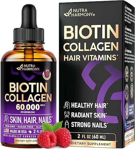 NUTRAHARMONY Colágeno líquido y biotina gotas para el crecimiento del cabello para mujeres y hombres extra fuerte 60000 mcg suplemento de vitamina