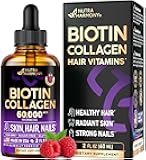 Liquid Biotin & Collagen - Vitamins for Hair Growth Support for Women & Men - Extra Strength 60000 mcg Drops - B7 Supplement - Strong Nails & Healthy Skin - 98% Faster Absorption Than Pills