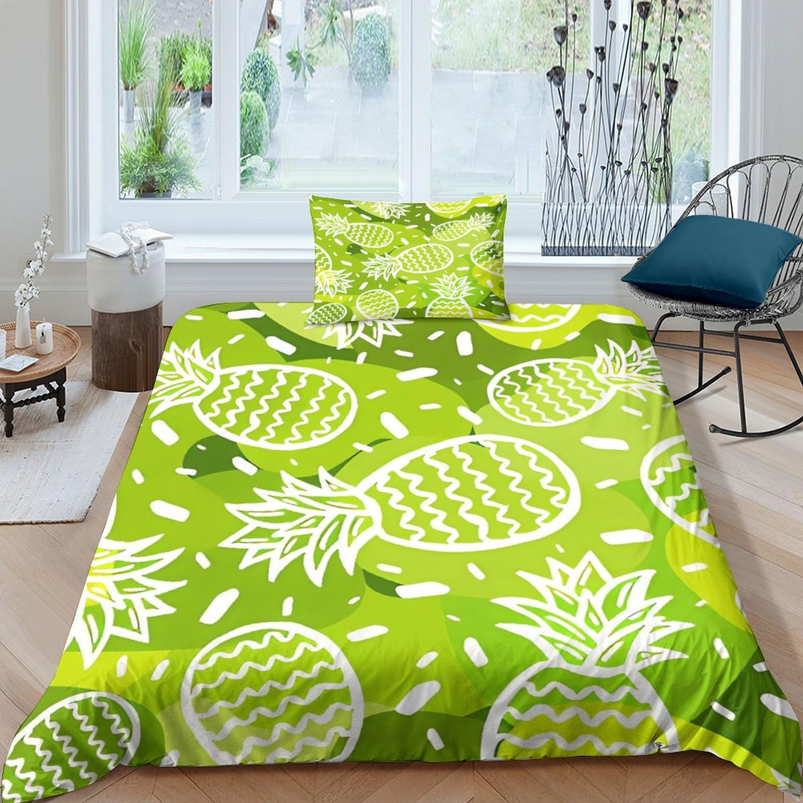 Housse de couette fruit exotique 135x200 cm pour chambre d'enfant parure microfibre ananas émeraude
