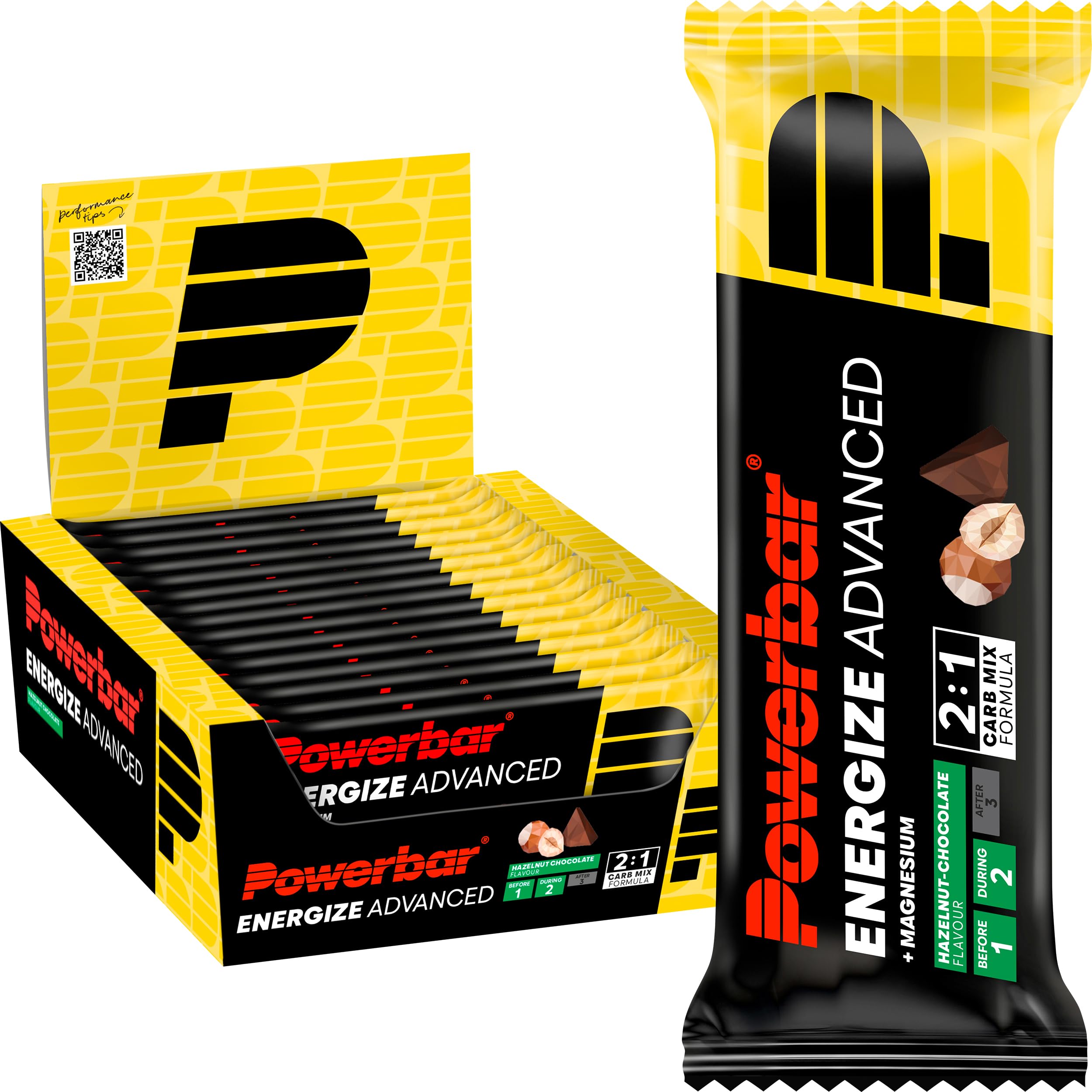Powerbar - Energize Advanced - Hazelnut Chocolate - 15x55g - Barritas energéticas altas en carbohidratos - Magnesio y sodio