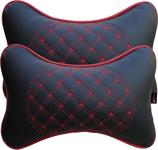 DETACHI Faux Leather Car Neck Rest Pillow/Cushion Set of Pillows Compatible with All Cars (Black, with RED Embroidery) - Pack of 2 Pieces