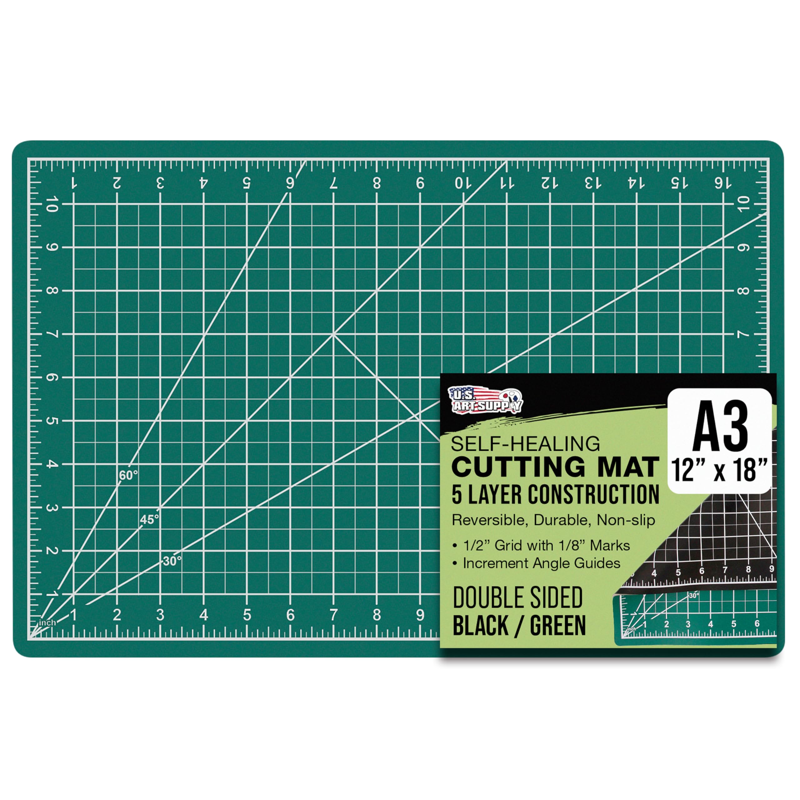U.S. Art Supply 12" x 18" Self-Healing Cutting Mat 5-Ply - Double-Sided Green/Black Craft Mat, Non-Slip Cutting Mats for Crafts, Sewing, Quilting, Scrapbooking