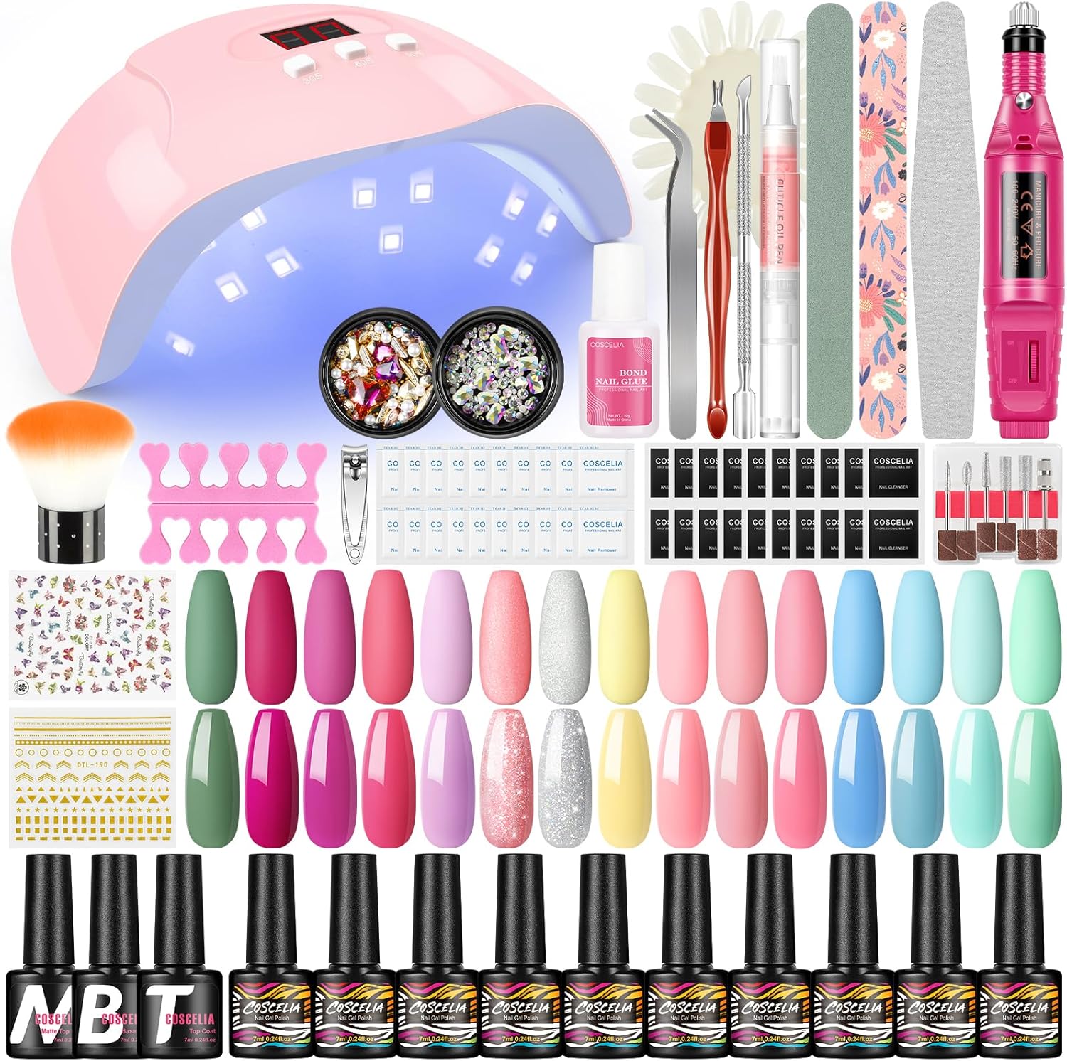 COSCELIA Gel Nail Polish Kit with U V Light and Nail Drill, 15Pcs Gel