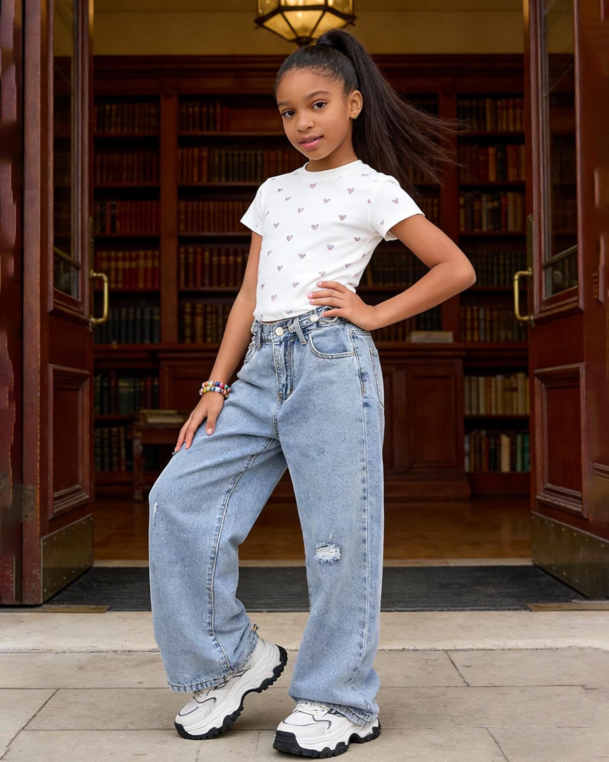SANGTREE Girls Baggy Jeans Wide Leg Jeans Elastic Waist Casual Denim Pants Kids Clothes B-Blue Ripped 13-14 Years = Tag 170 - Image 5