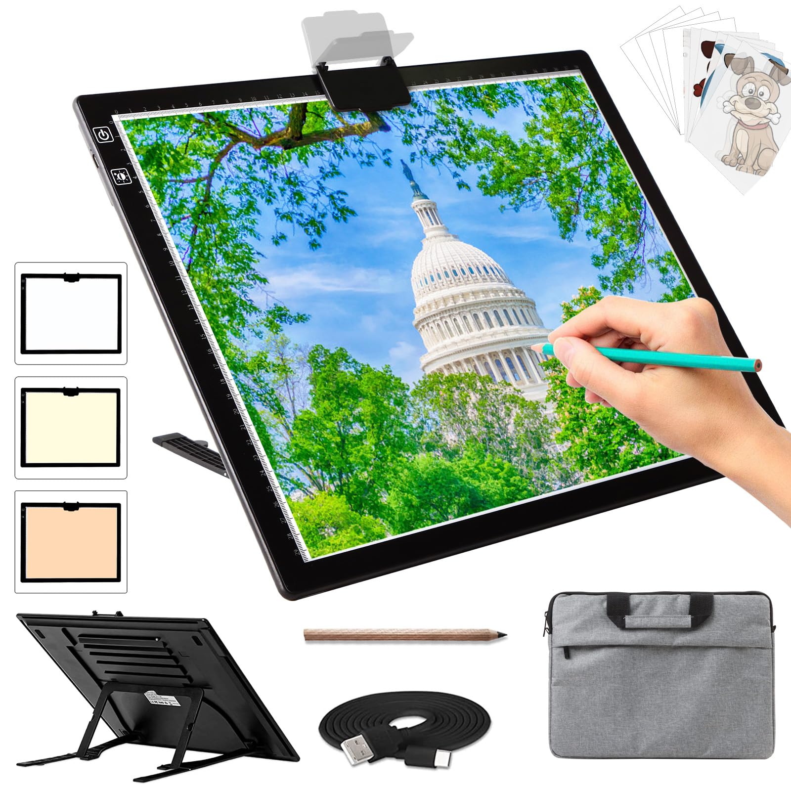 A3 Light Board for Diamond Painting - Rechargeable Tracing Light Box with Carry Bag, 3 Colours Stepless Dimmable 6 Levels Brightness Light Pad,