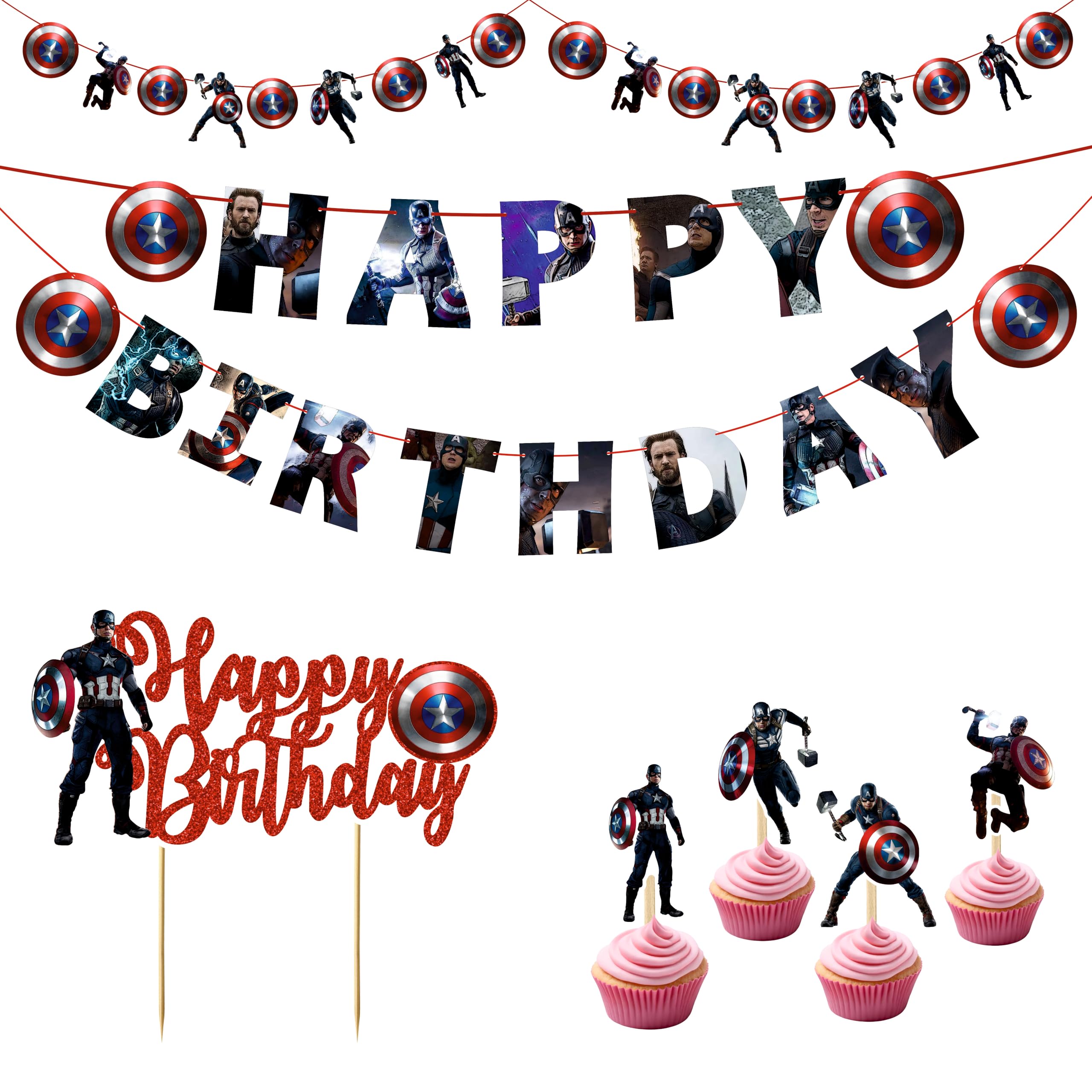 Captin Amrica Theme Birthday Party Decorations Set – Includes Happy Birthday Banner, Cake Topper, Cupcake Toppers, and Table Décor – Red White Blue
