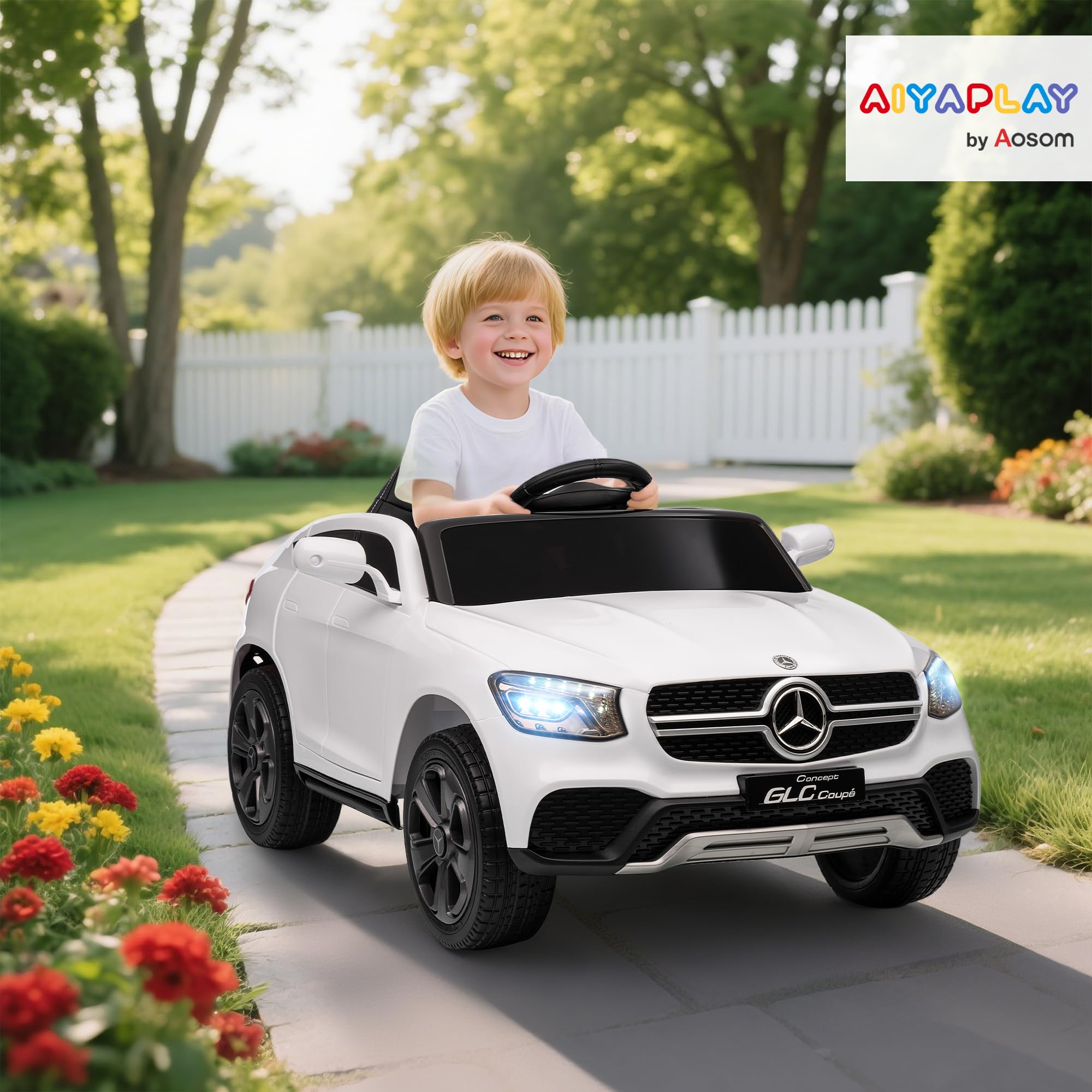AIYAPLAY Voiture Électrique Enfants Mercedes-Benz GLC Coupe 12V Blanc | Véhicule Électrique, Télécommande 2,4G, 3 Vitesses, Phares, Musique, MP3, Klaxon, Démarrage Lent, 3 à 6 Ans