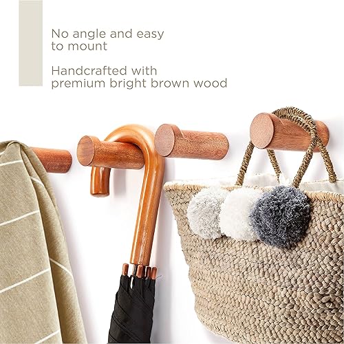 Miniatura 10 de FANATU Gancho de madera para colgar sombreros, colgador de madera para colgar sombrero, toalla, bolsa, cuerda (marrón, juego de 6 pulgadas)